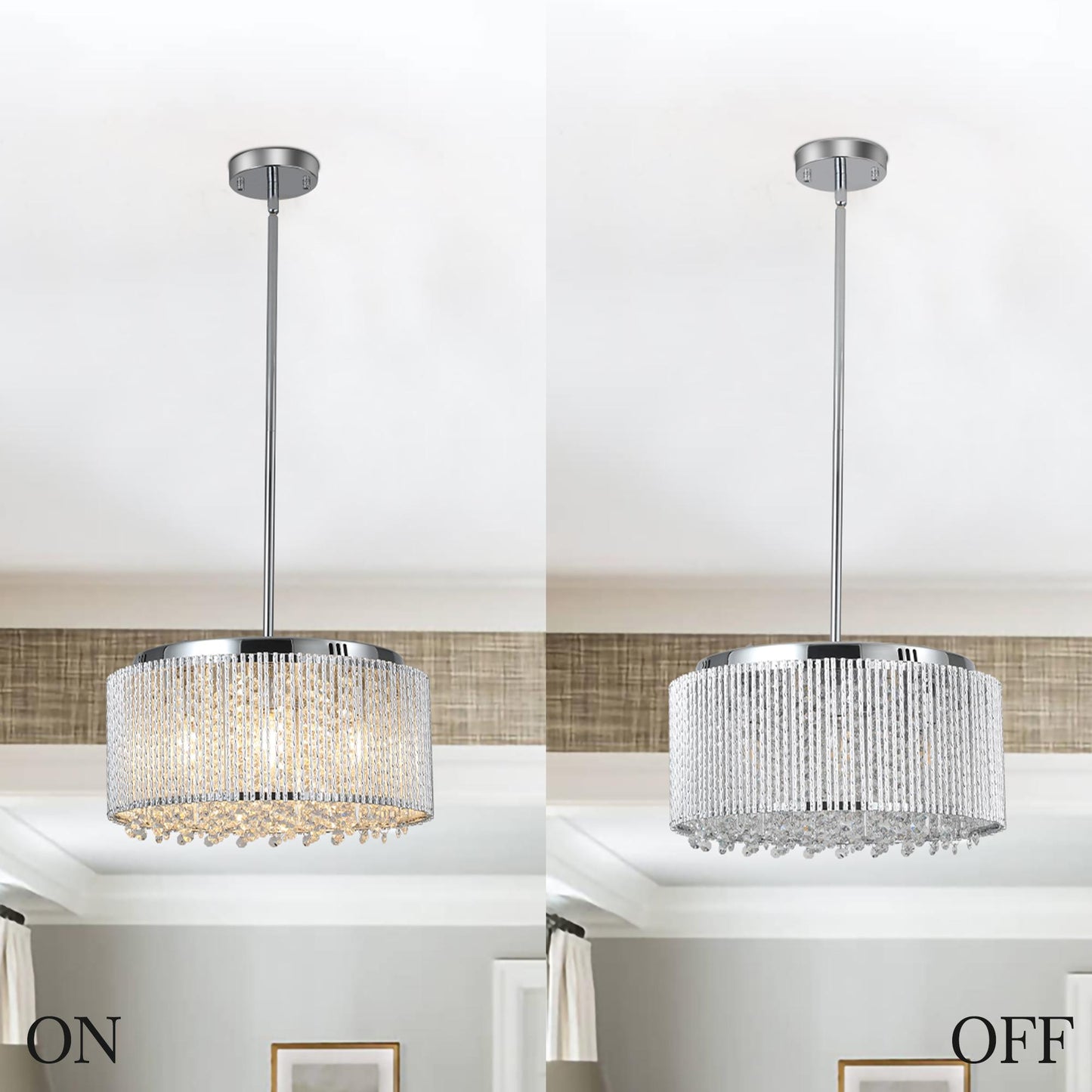 16" Elegant Crystal Pendant Chandelier with Chrome Finish – 7-Light Drum Light Fixture with Clear Crystal Strands for Dining Room, Living Room, or Bedroom (Bulb Not Included)