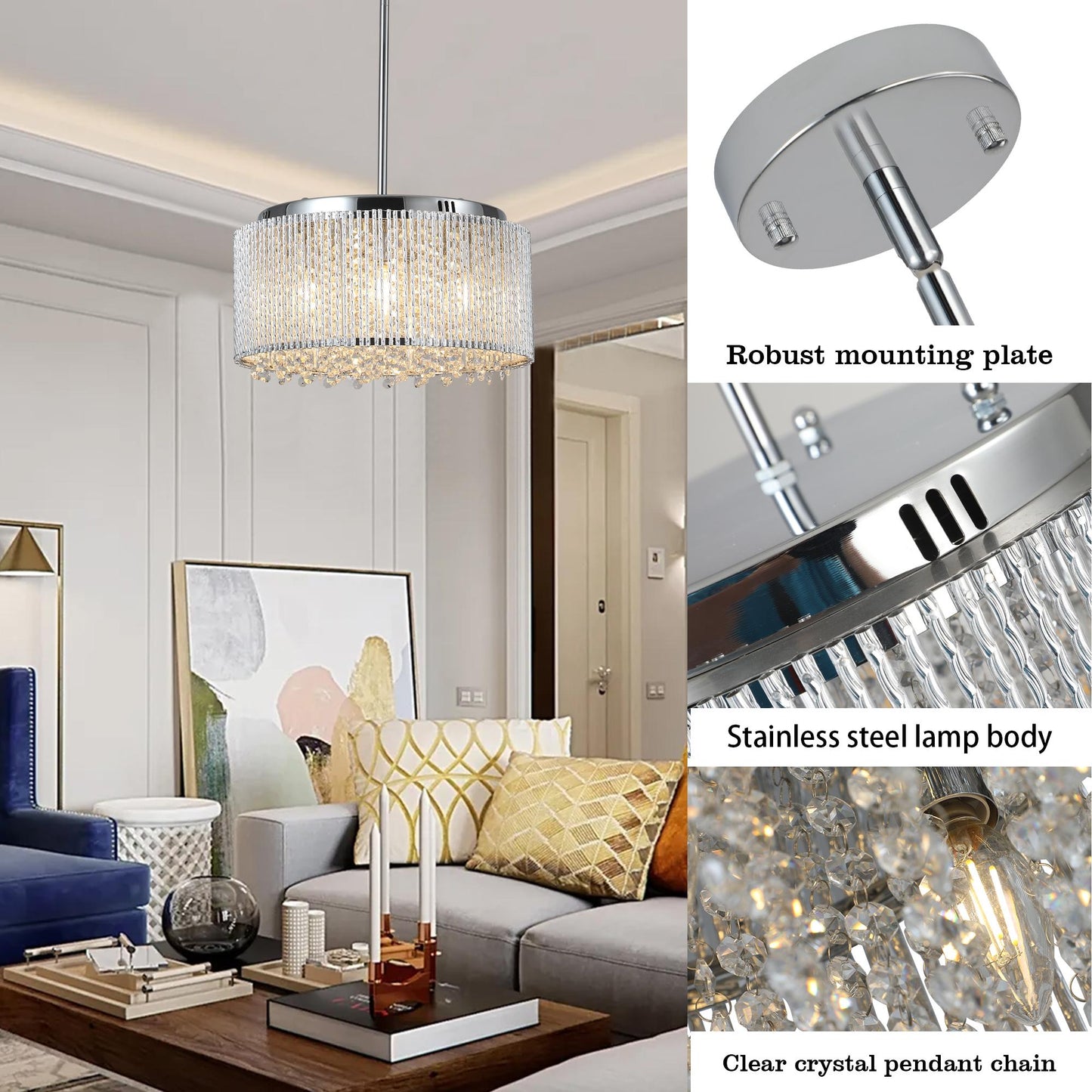 16" Elegant Crystal Pendant Chandelier with Chrome Finish – 7-Light Drum Light Fixture with Clear Crystal Strands for Dining Room, Living Room, or Bedroom (Bulb Not Included)