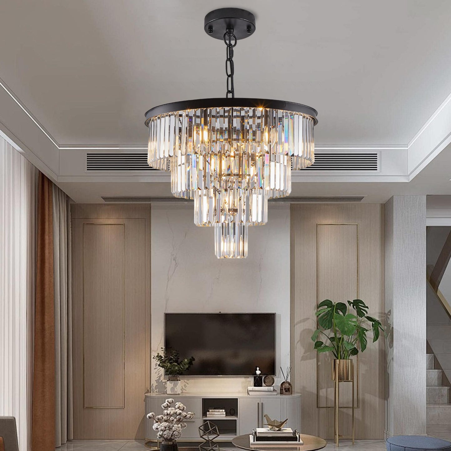 24" Contemporary Crystal Modern Chandeliers Crystal Ceiling Chandelier 4 Tier Black Chandelier Lighting for Dining Room Living Room Bedroom (Bulbs Not included)