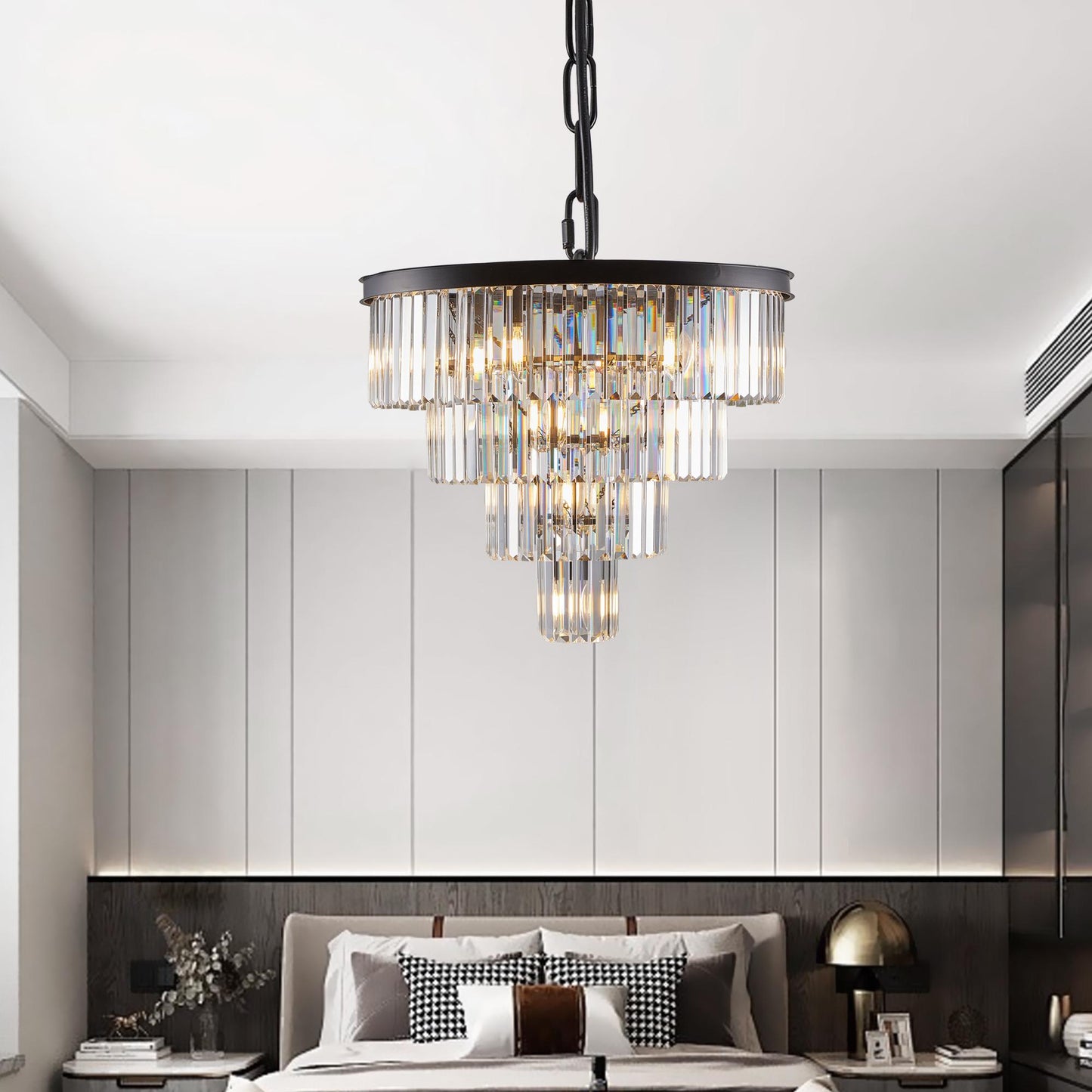 24" Contemporary Crystal Modern Chandeliers Crystal Ceiling Chandelier 4 Tier Black Chandelier Lighting for Dining Room Living Room Bedroom (Bulbs Not included)