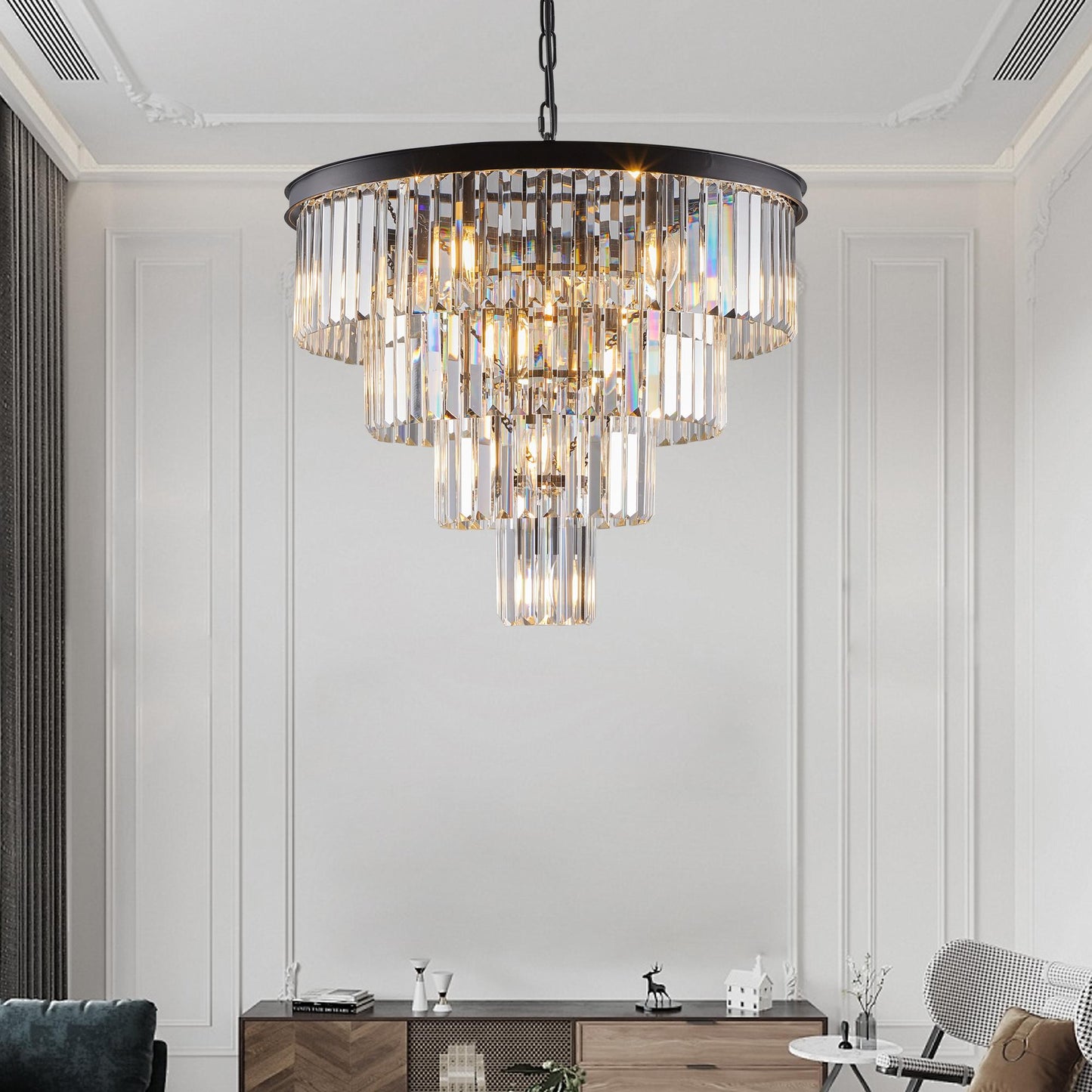 24" Contemporary Crystal Modern Chandeliers Crystal Ceiling Chandelier 4 Tier Black Chandelier Lighting for Dining Room Living Room Bedroom (Bulbs Not included)