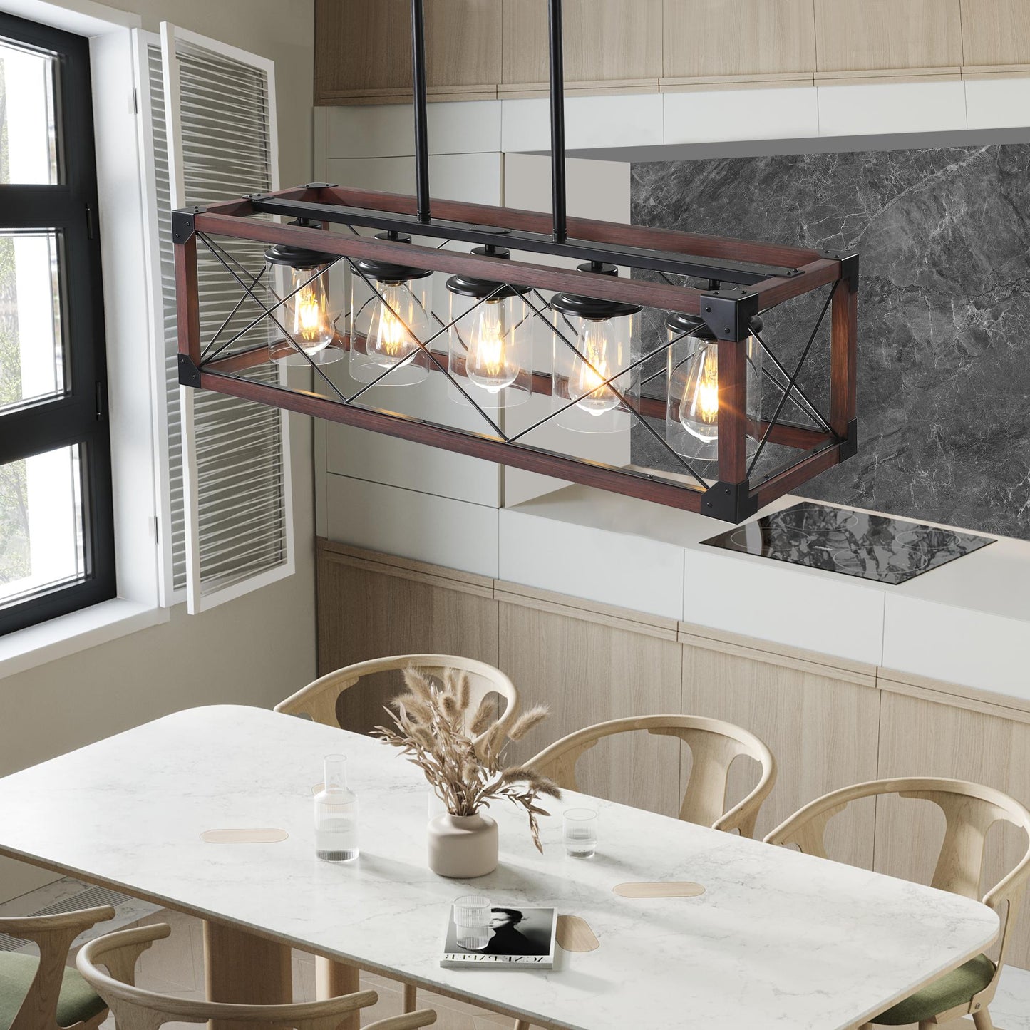 (Same as W1340P155971/L1011-RW-G) 32" Red Wood Industrial Farmhouse Rectangle Pendant Light, 5-Light Chandelier with Lampshade for Dining Room, Kitchen Island, Cafe Decor (No Bulbs)