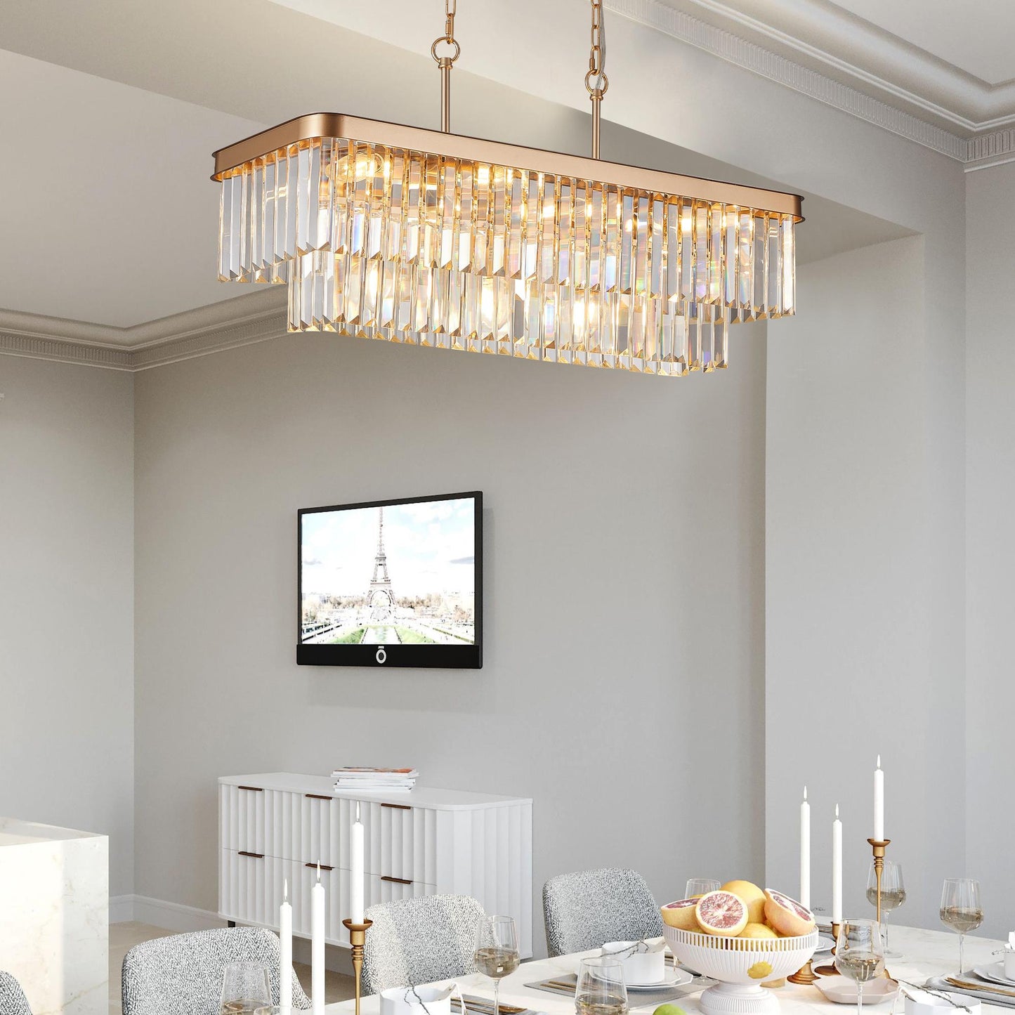 Chandeliers,Rectangular Crystal Chandelier Adjustable,E12 Modern Industrial Crystal Lights,Farmhouse Iron Ceiling Hanging Light for Kitchen Living Room Bedroom/Gold(Bulb Not Included)