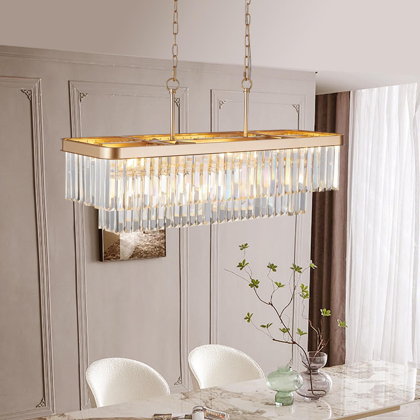 Chandeliers,Rectangular Crystal Chandelier Adjustable,E12 Modern Industrial Crystal Lights,Farmhouse Iron Ceiling Hanging Light for Kitchen Living Room Bedroom/Gold(Bulb Not Included)