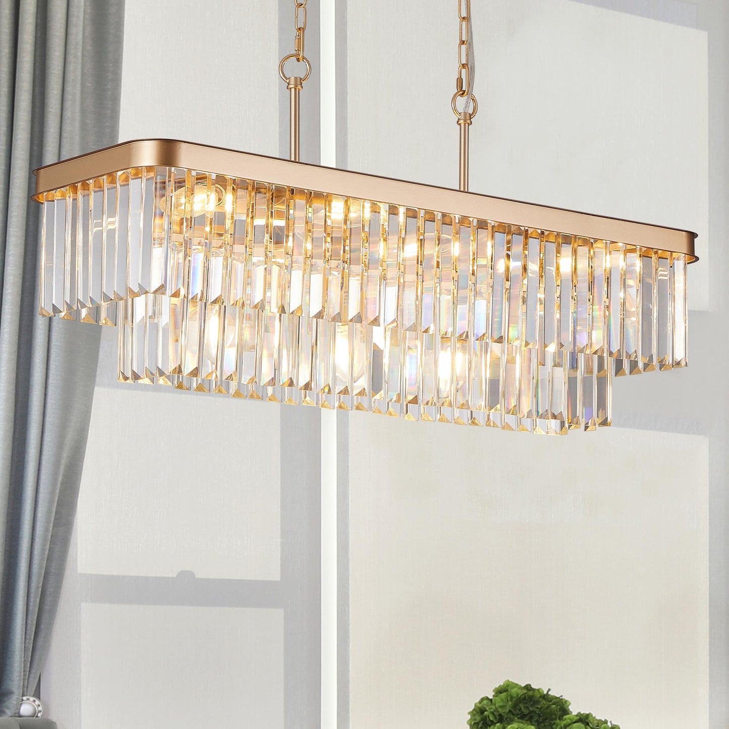 Chandeliers,Rectangular Crystal Chandelier Adjustable,E12 Modern Industrial Crystal Lights,Farmhouse Iron Ceiling Hanging Light for Kitchen Living Room Bedroom/Gold(Bulb Not Included)