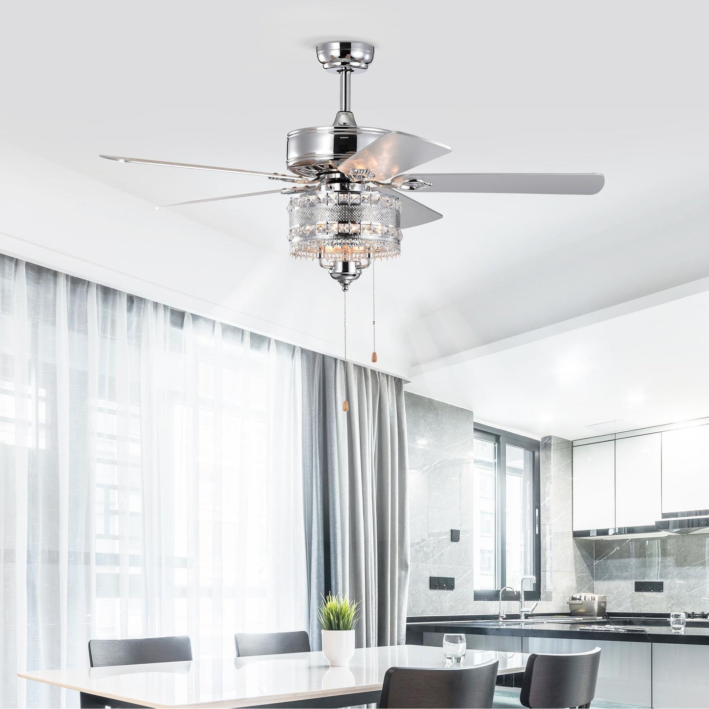 52'' Classical Crystal Ceiling Fan Lamp 5 Reversible Blades for Living Room, Dining Room, Bedroom, Family Room, Chrome (Hand Pull Chain)