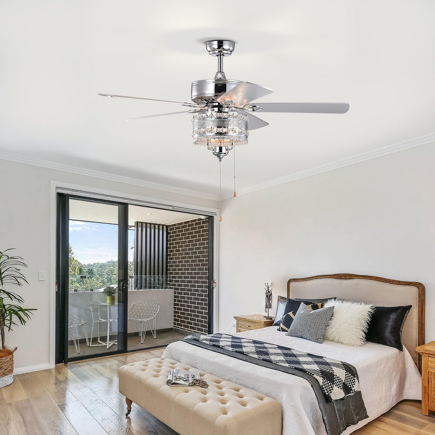 52'' Classical Crystal Ceiling Fan Lamp 5 Reversible Blades for Living Room, Dining Room, Bedroom, Family Room, Chrome (Hand Pull Chain)