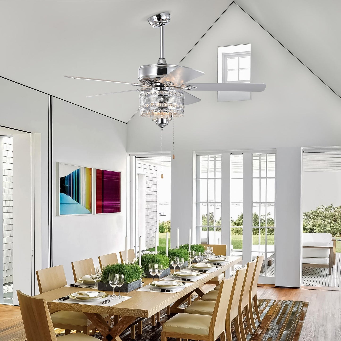 52'' Classical Crystal Ceiling Fan Lamp 5 Reversible Blades for Living Room, Dining Room, Bedroom, Family Room, Chrome (Hand Pull Chain)