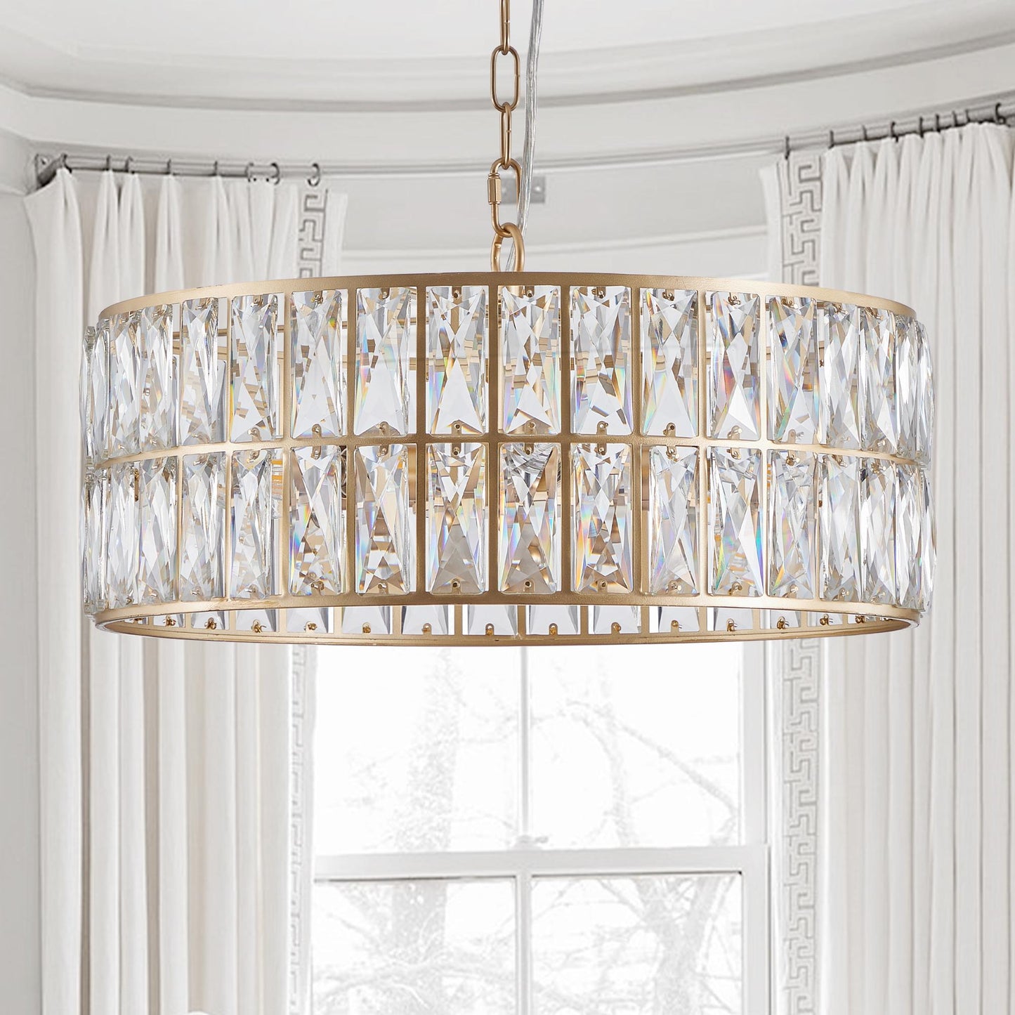 18" Golden Modern Crystal Drum Chandelier, 6-Light Pendant Lighting Fixture with Metal Frame for Living Room, Dining Room, and Bedroom (Bulbs Not Included)