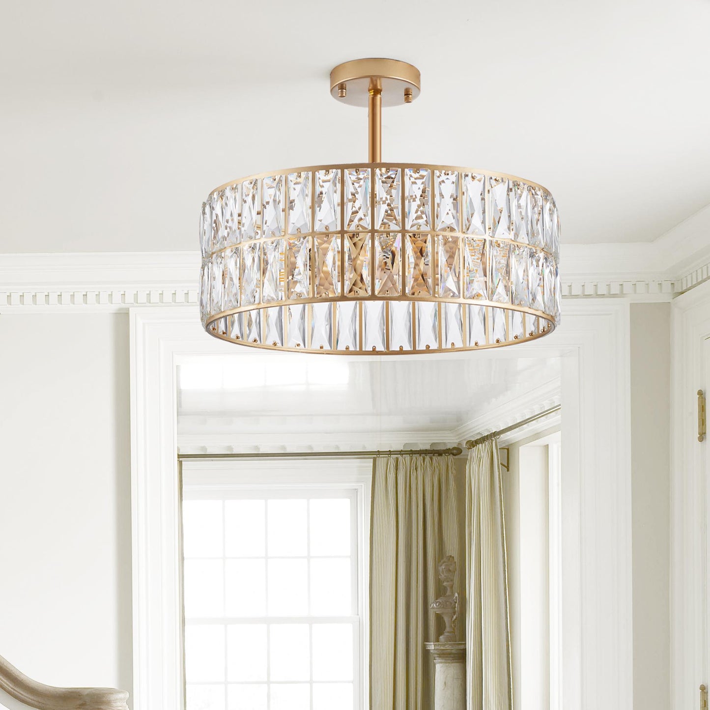 18" Golden Modern Crystal Drum Chandelier, 6-Light Pendant Lighting Fixture with Metal Frame for Living Room, Dining Room, and Bedroom (Bulbs Not Included)