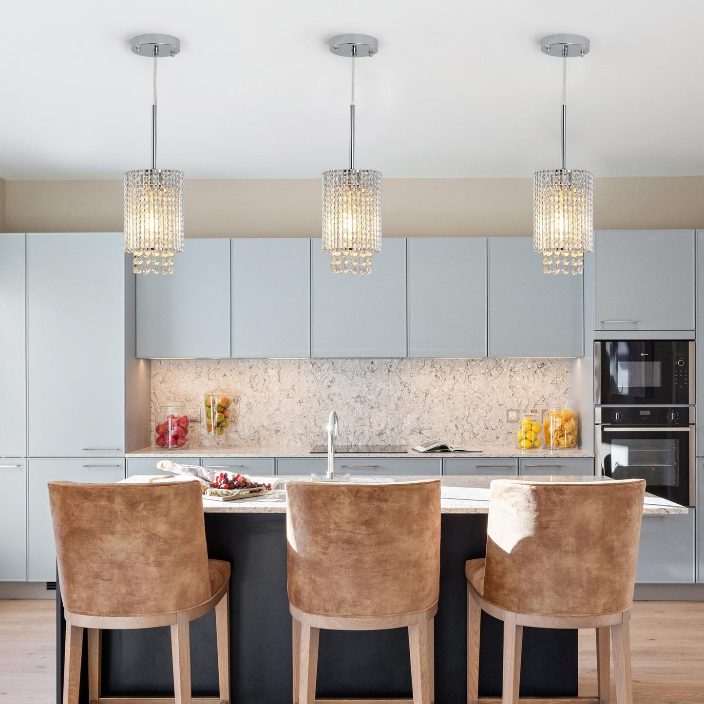 5" Modern Crystal Pendant Light 3-Pack Adjustable Chrome Hanging Ceiling Fixture with Clear Beads, Elegant Design for Kitchen Island, Dining Room, or Living Room (No Bulbs)