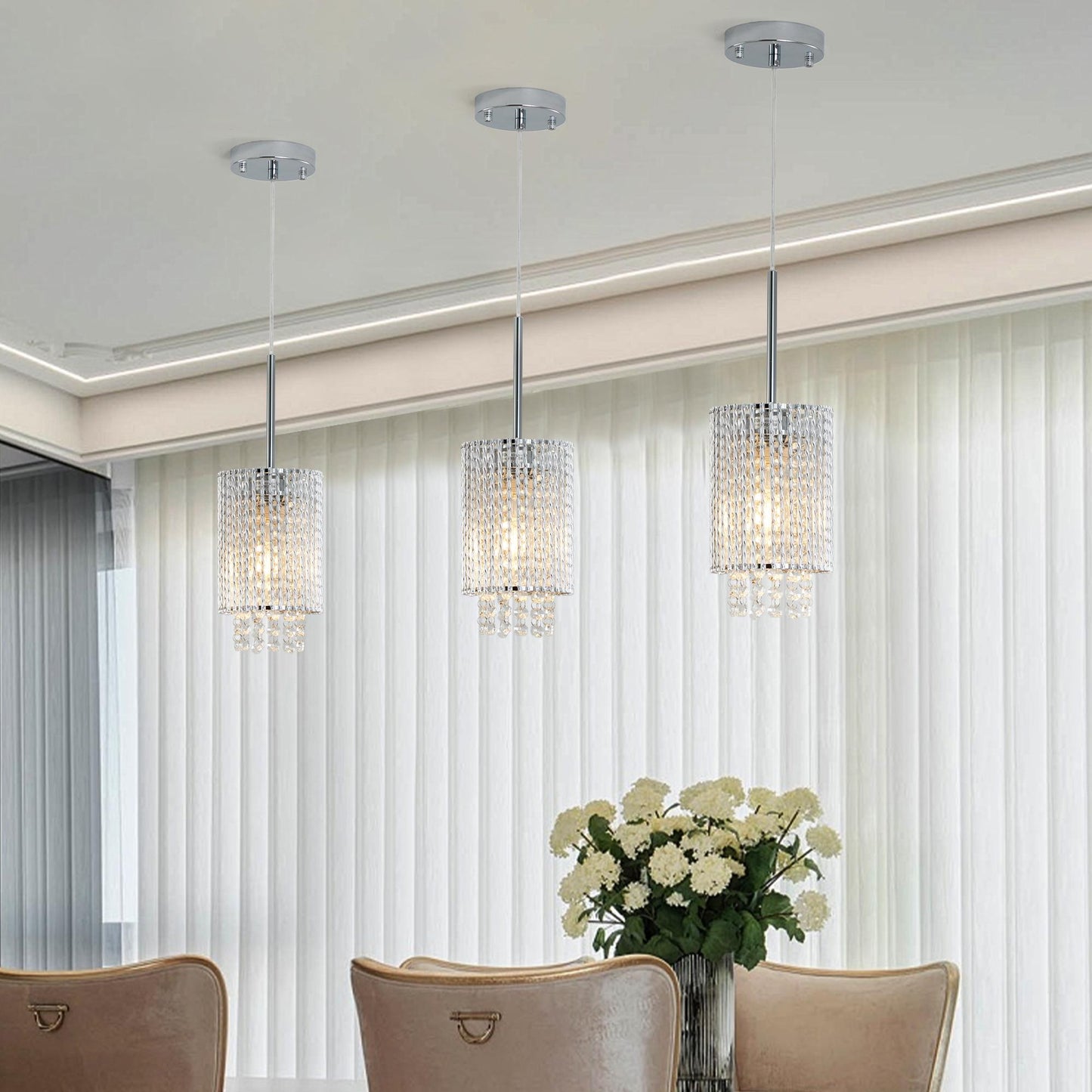 5" Modern Crystal Pendant Light 3-Pack Adjustable Chrome Hanging Ceiling Fixture with Clear Beads, Elegant Design for Kitchen Island, Dining Room, or Living Room (No Bulbs)