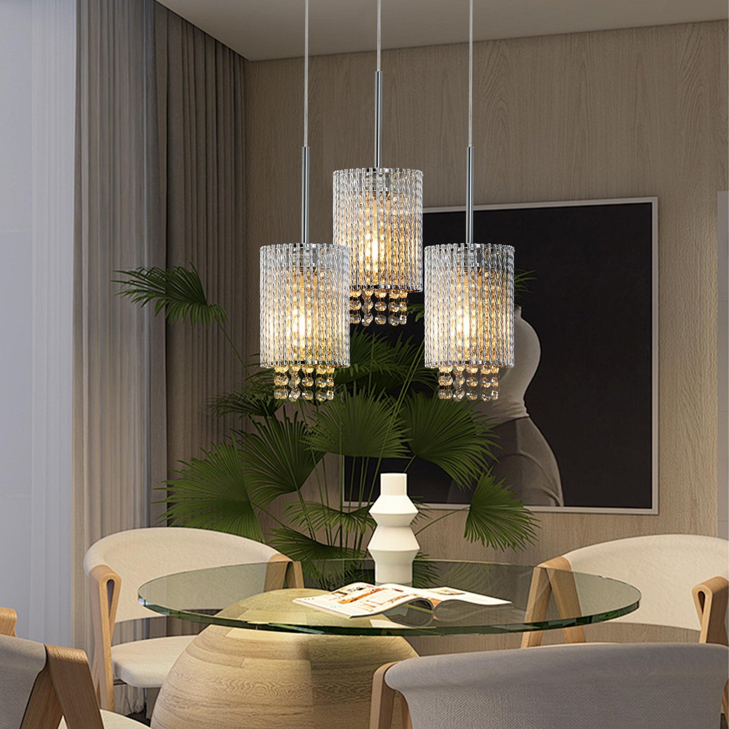 5" Modern Crystal Pendant Light 3-Pack Adjustable Chrome Hanging Ceiling Fixture with Clear Beads, Elegant Design for Kitchen Island, Dining Room, or Living Room (No Bulbs)