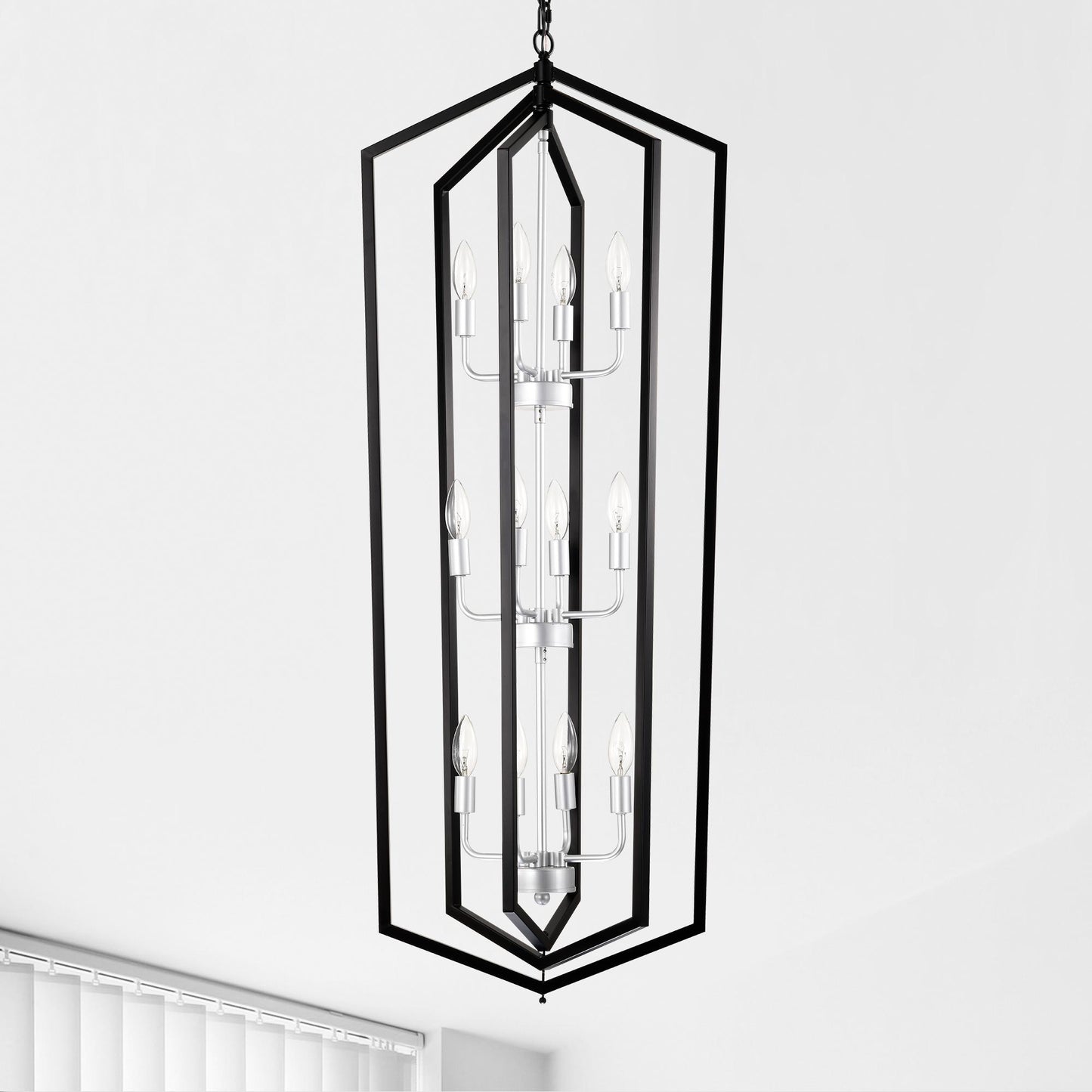 12-Light Farmhouse Kitchen Chandeliers, Matte Black and Sliver Vintage Rustic Cage Light Fixture Adjustable Height Chandeliers for Dining Room Hallway Foyer Entryway(E12 Bulbs Not Included)