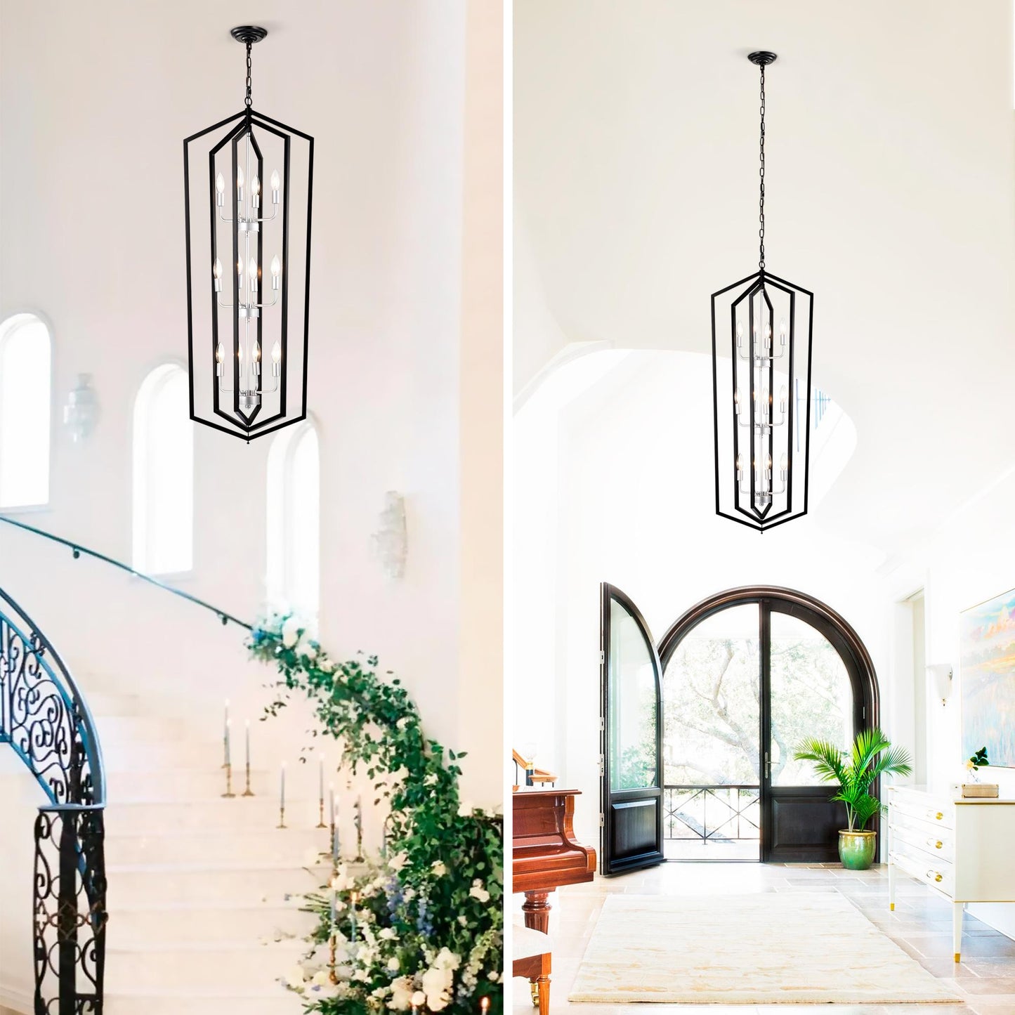 12-Light Farmhouse Kitchen Chandeliers, Matte Black and Sliver Vintage Rustic Cage Light Fixture Adjustable Height Chandeliers for Dining Room Hallway Foyer Entryway(E12 Bulbs Not Included)
