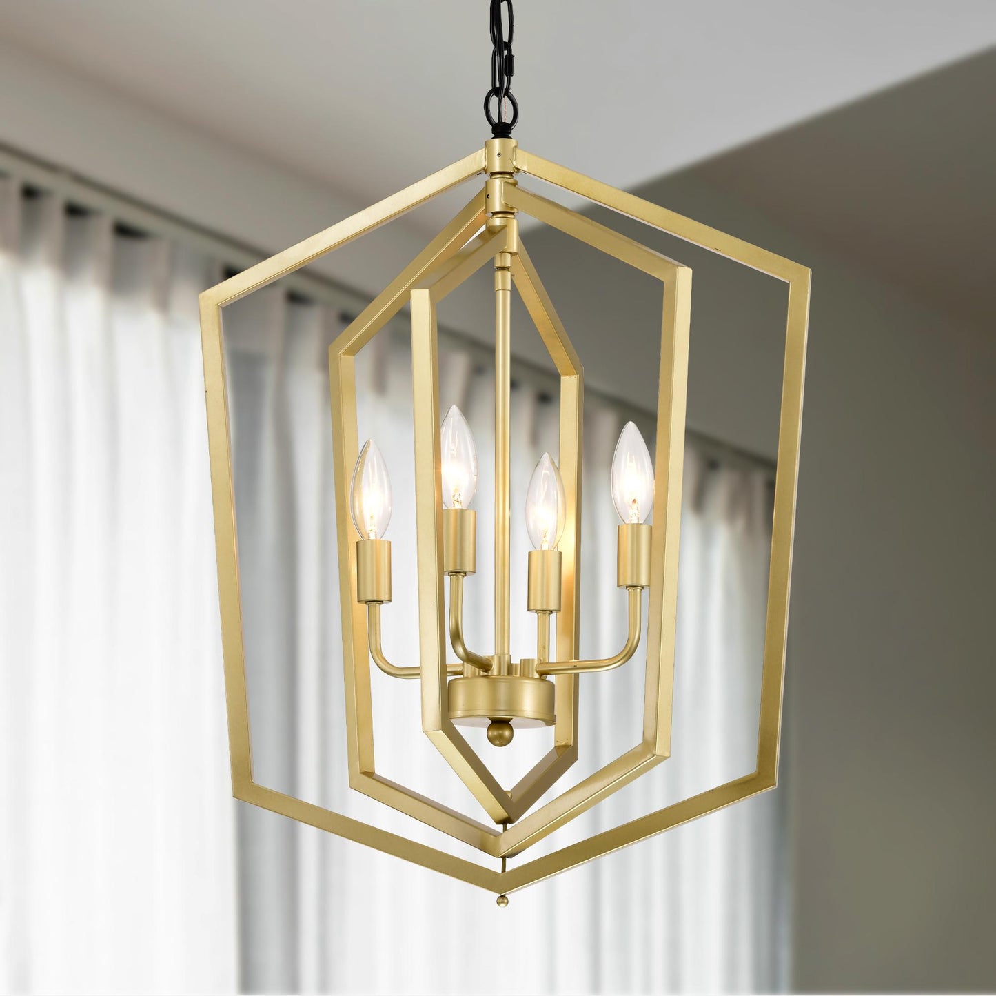 4-Light Farmhouse Kitchen Chandeliers, Vintage Cage Light Fixture Adjustable Height Chandeliers for Dining Room Hallway Foyer Entryway(E12 Bulbs Not Included)--GOLD+MATTE BLACK