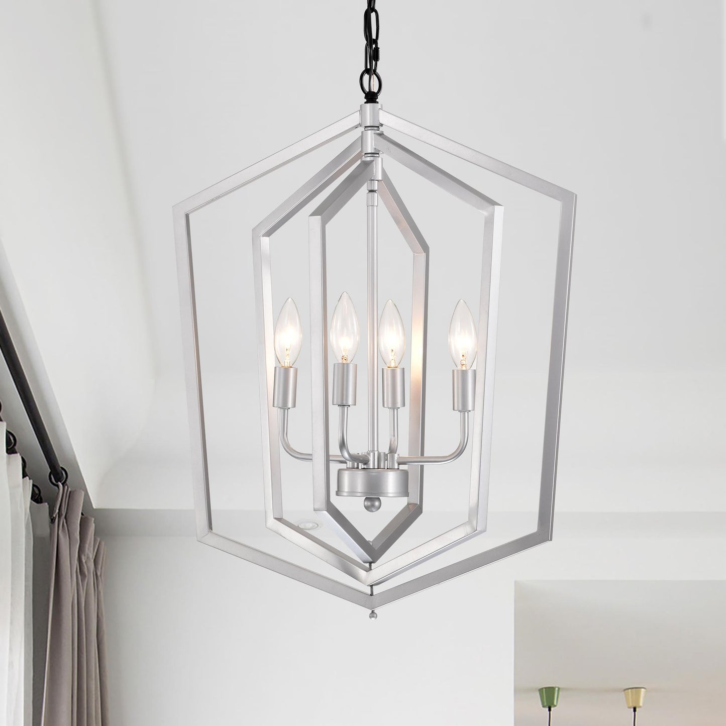 4-Light Farmhouse Chandeliers, Matte Black and Sliver + Matte Black Vintage Cage Light Fixture ,Adjustable Height Chandeliers for Dining Room, Bedroom, Living Room, Confere (E12 Bulbs Not Included)