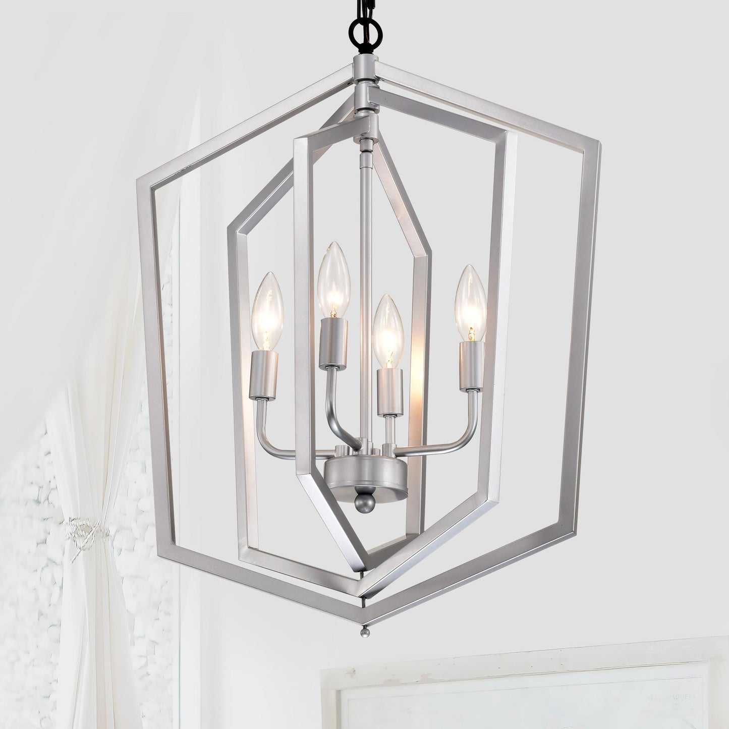 4-Light Farmhouse Chandeliers, Matte Black and Sliver + Matte Black Vintage Cage Light Fixture ,Adjustable Height Chandeliers for Dining Room, Bedroom, Living Room, Confere (E12 Bulbs Not Included)