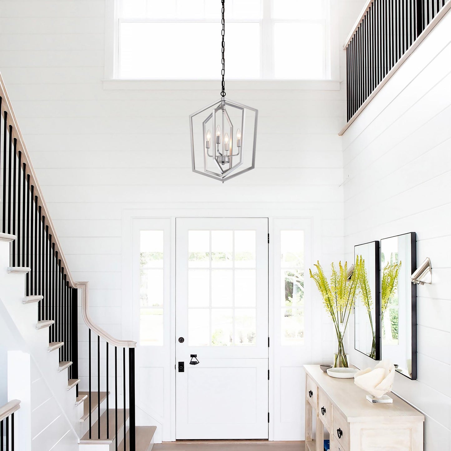 4-Light Farmhouse Chandeliers, Matte Black and Sliver + Matte Black Vintage Cage Light Fixture ,Adjustable Height Chandeliers for Dining Room, Bedroom, Living Room, Confere (E12 Bulbs Not Included)
