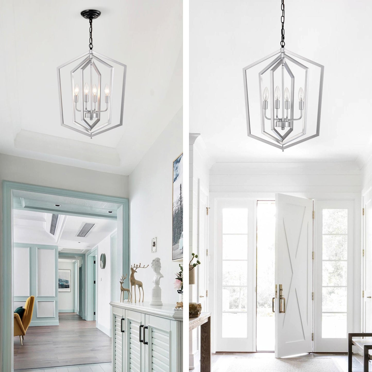 4-Light Farmhouse Chandeliers, Matte Black and Sliver + Matte Black Vintage Cage Light Fixture ,Adjustable Height Chandeliers for Dining Room, Bedroom, Living Room, Confere (E12 Bulbs Not Included)