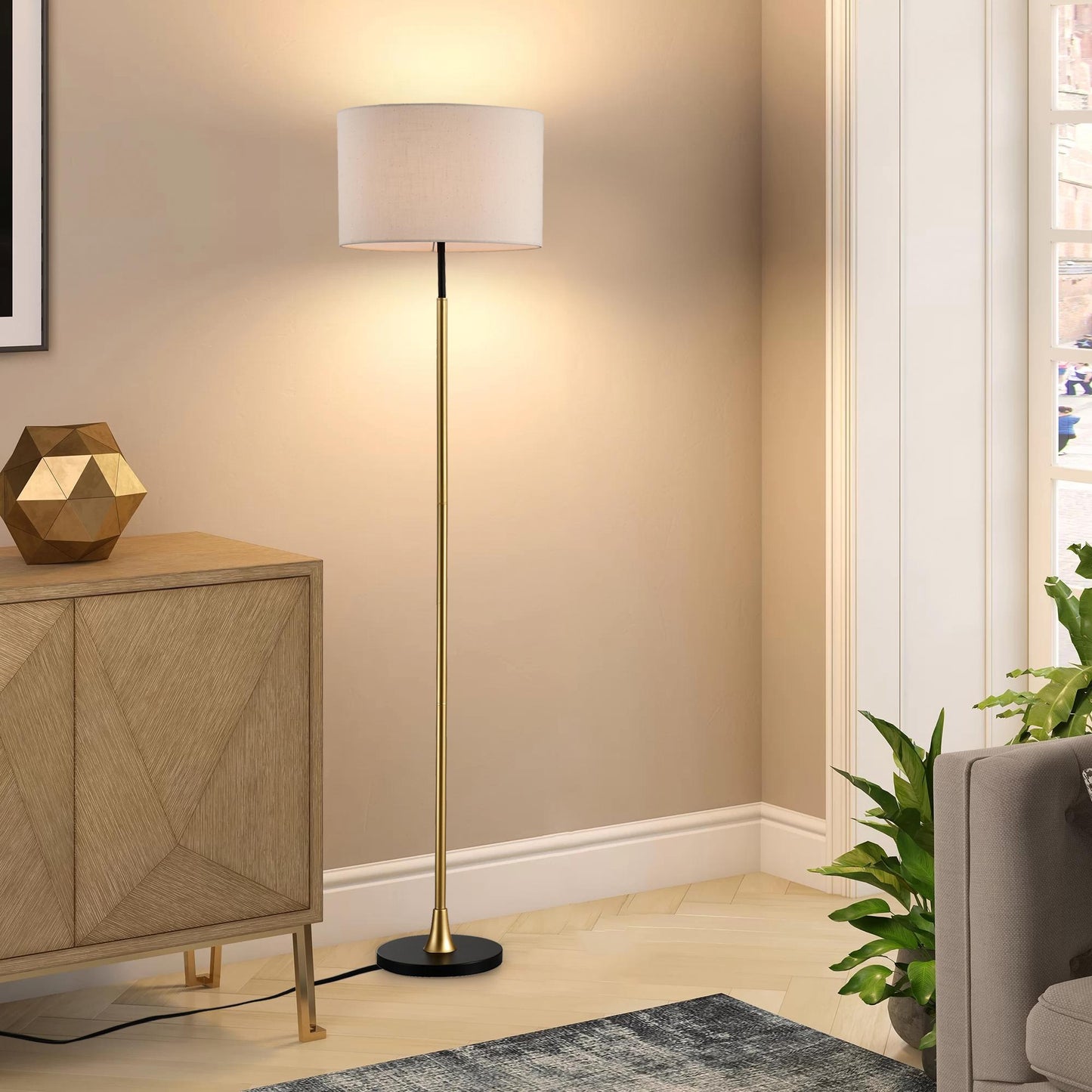 Floor Lamp for Living Room with Beige Lampshade, Standing Lamp Tall Industrial Floor Lamp Reading for Bedroom, Office (No Included Bulb) -Matte Black+Matte Gold