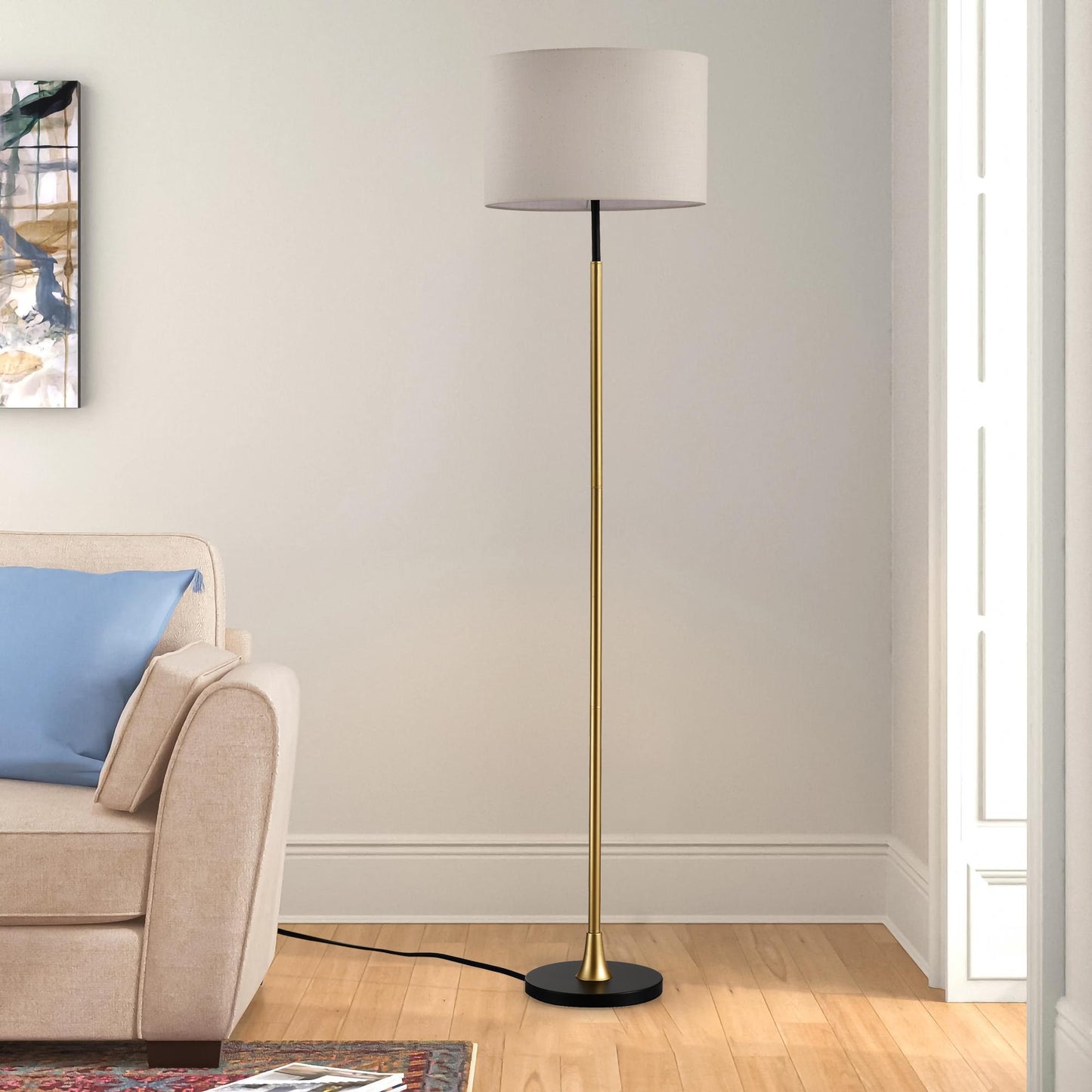 Floor Lamp for Living Room with Beige Lampshade, Standing Lamp Tall Industrial Floor Lamp Reading for Bedroom, Office (No Included Bulb) -Matte Black+Matte Gold