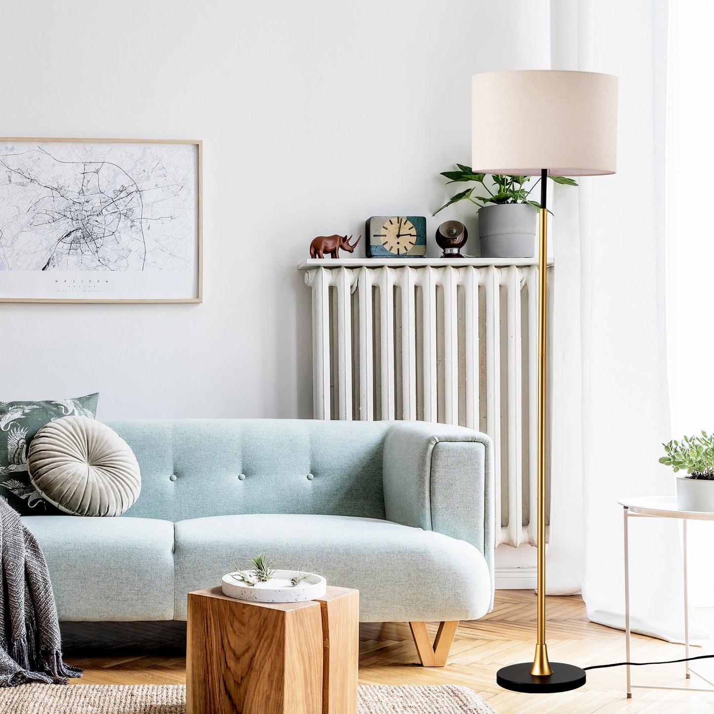Floor Lamp for Living Room with Beige Lampshade, Standing Lamp Tall Industrial Floor Lamp Reading for Bedroom, Office (No Included Bulb) -Matte Black+Matte Gold