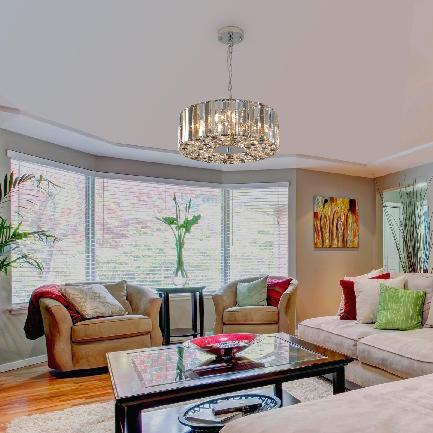 17" Modern Crystal Drum Pendant Chandelier with Chrome Finish – Elegant Lighting Fixture for Living Room, Bedroom, or Dining Area (Bulb Not Included)