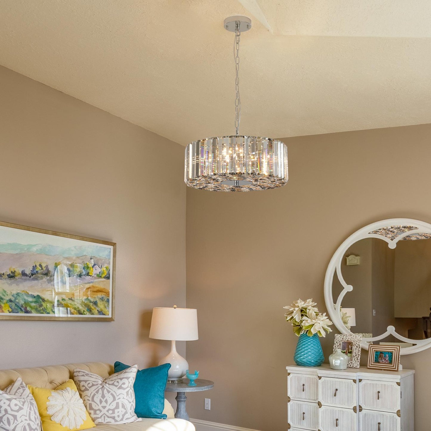 17" Modern Crystal Drum Pendant Chandelier with Chrome Finish – Elegant Lighting Fixture for Living Room, Bedroom, or Dining Area (Bulb Not Included)