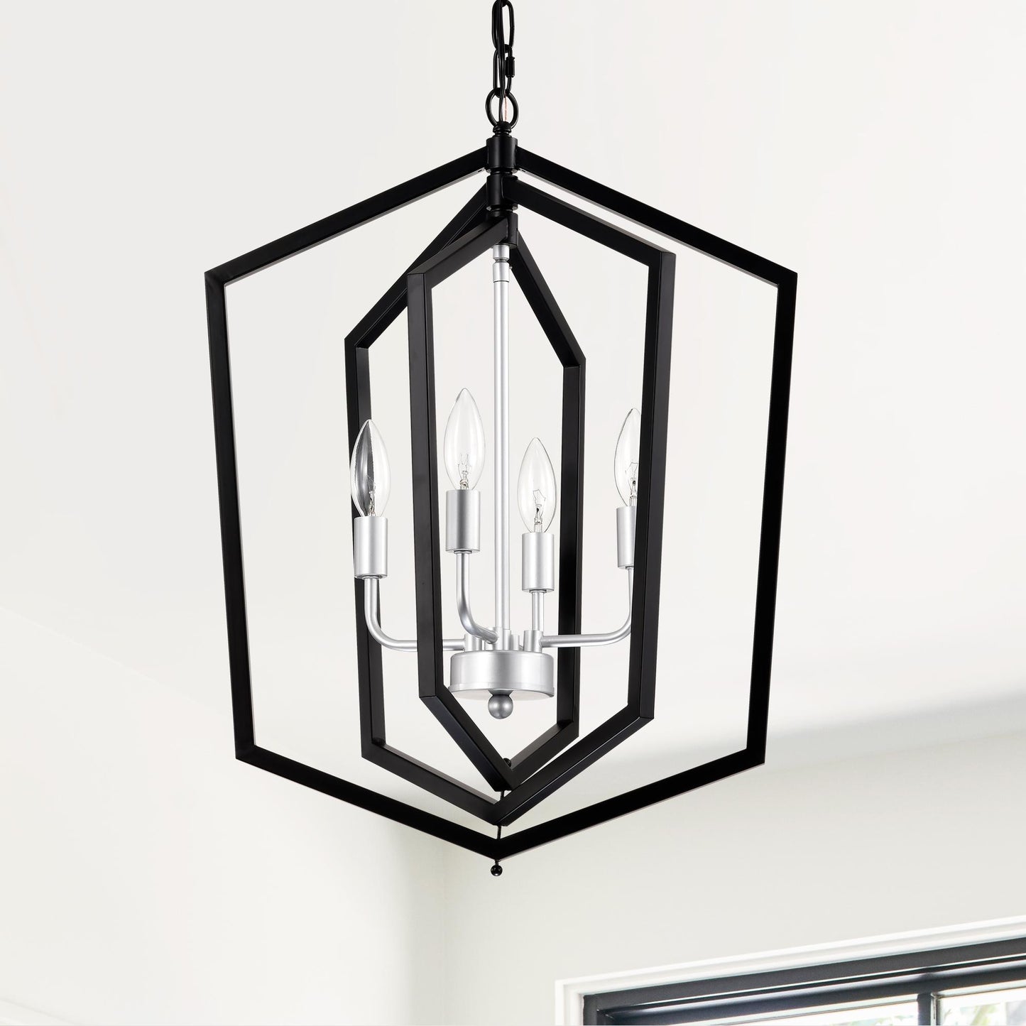 4-Light Farmhouse Kitchen Chandeliers, Matte Black and Sliver Vintage Rustic Cage Light Fixture Adjustable Height Chandeliers for Dining Room Hallway Foyer Entryway(E12 Bulbs Not Included)