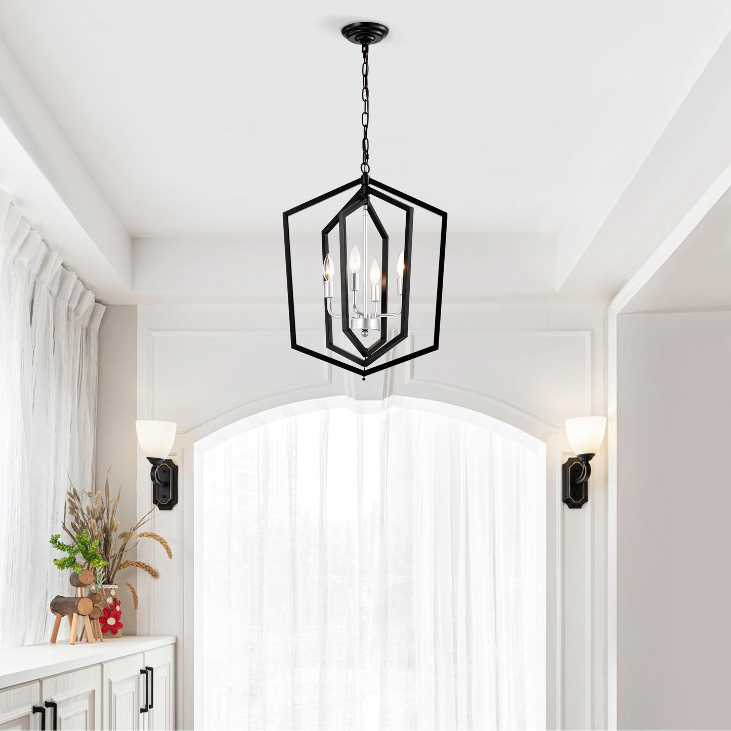 4-Light Farmhouse Kitchen Chandeliers, Matte Black and Sliver Vintage Rustic Cage Light Fixture Adjustable Height Chandeliers for Dining Room Hallway Foyer Entryway(E12 Bulbs Not Included)