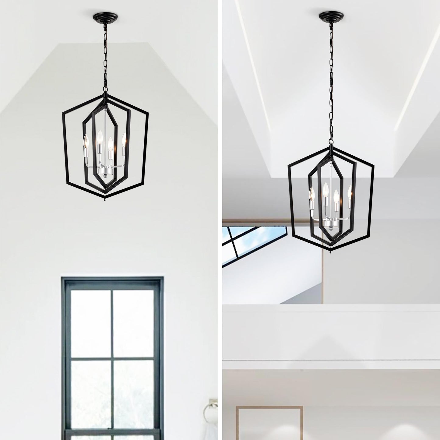 4-Light Farmhouse Kitchen Chandeliers, Matte Black and Sliver Vintage Rustic Cage Light Fixture Adjustable Height Chandeliers for Dining Room Hallway Foyer Entryway(E12 Bulbs Not Included)