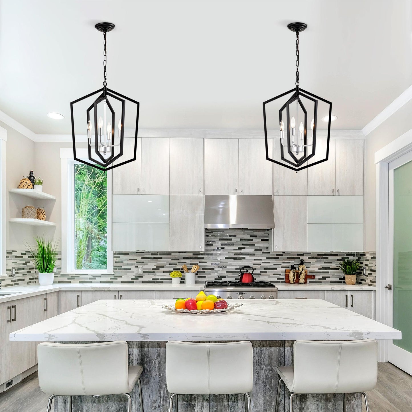 4-Light Farmhouse Kitchen Chandeliers, Matte Black and Sliver Vintage Rustic Cage Light Fixture Adjustable Height Chandeliers for Dining Room Hallway Foyer Entryway(E12 Bulbs Not Included)
