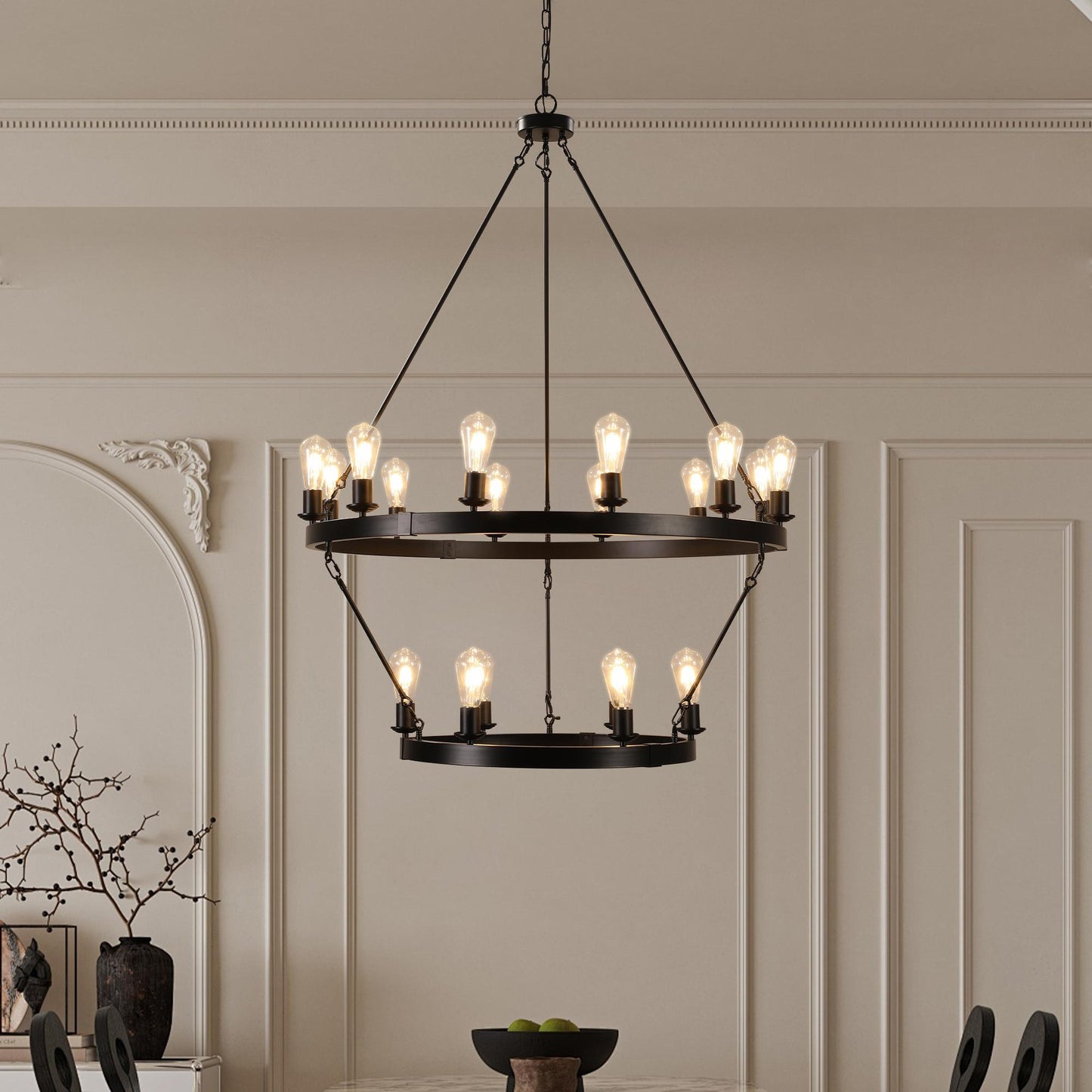 Retro style Large 2-Tier circular ceiling Ironwork chandelier