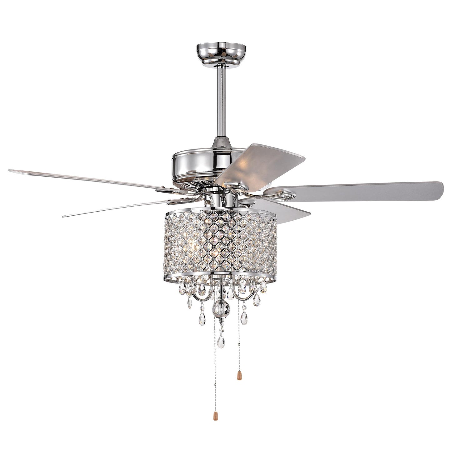 52'' Classical Crystal Ceiling Fan Lamp 3 Speed Hand Pull Chain (High, Mid, Low), 5 Reversible Blades for Living Room, Dining Room, Bedroom, Family Room, Chrome ,3PCS*E12 (NO Include Bulb )