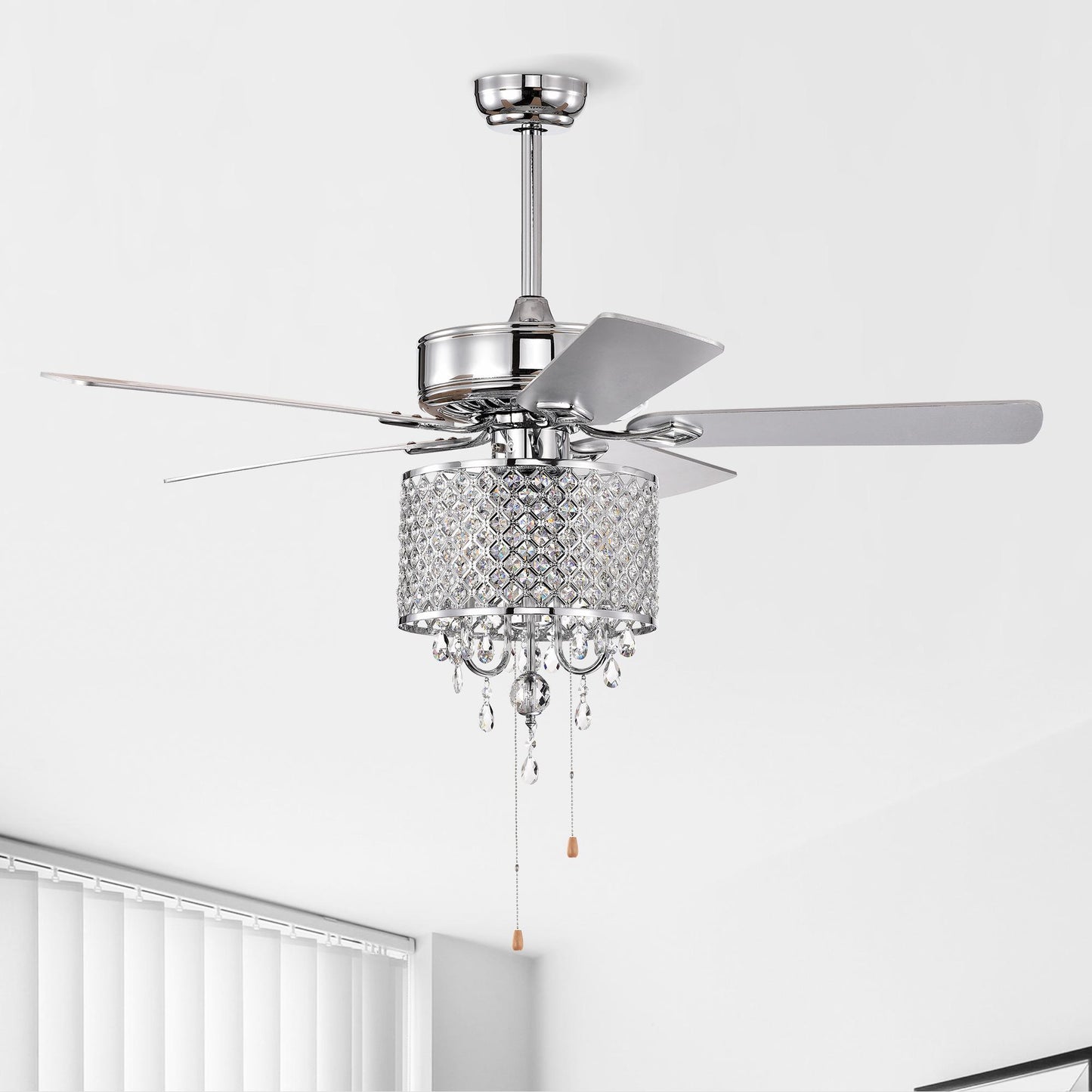 52'' Classical Crystal Ceiling Fan Lamp 3 Speed Hand Pull Chain (High, Mid, Low), 5 Reversible Blades for Living Room, Dining Room, Bedroom, Family Room, Chrome ,3PCS*E12 (NO Include Bulb )