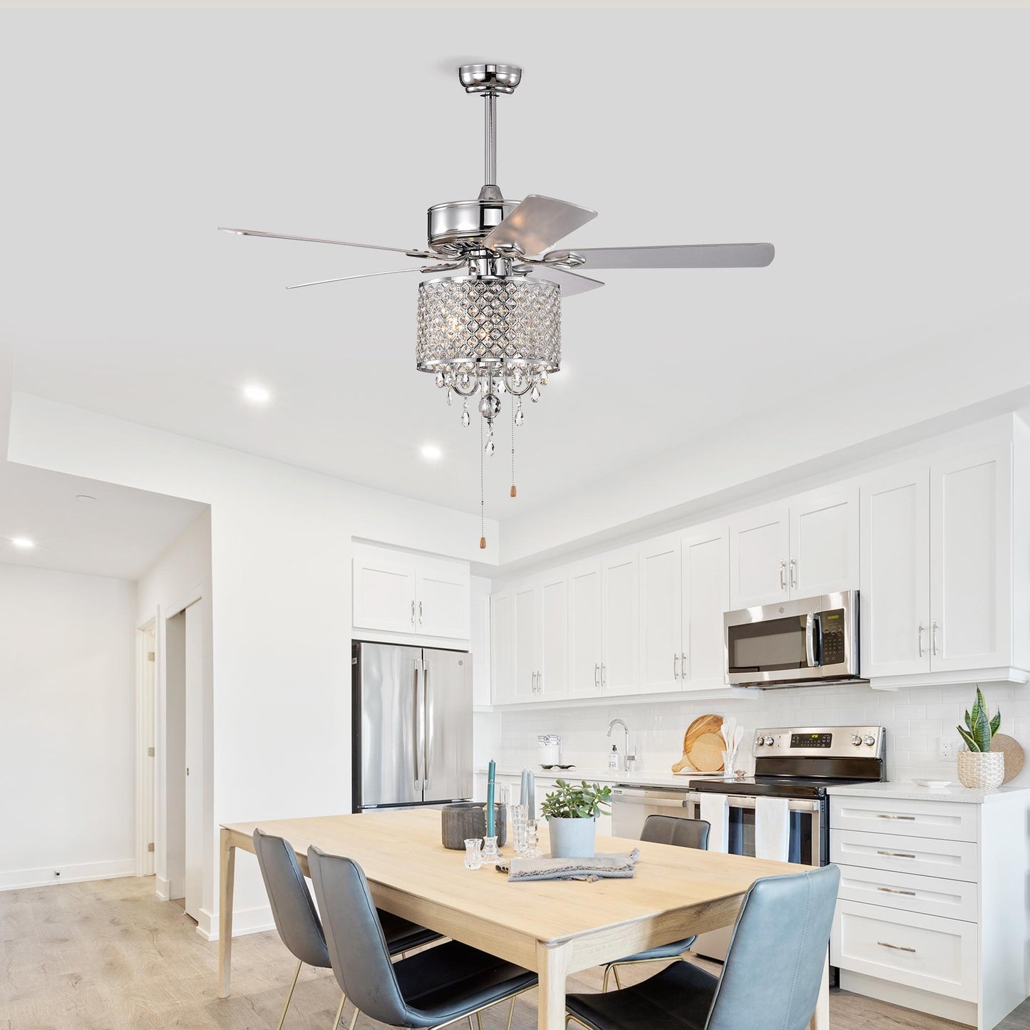 52'' Classical Crystal Ceiling Fan Lamp 3 Speed Hand Pull Chain (High, Mid, Low), 5 Reversible Blades for Living Room, Dining Room, Bedroom, Family Room, Chrome ,3PCS*E12 (NO Include Bulb )