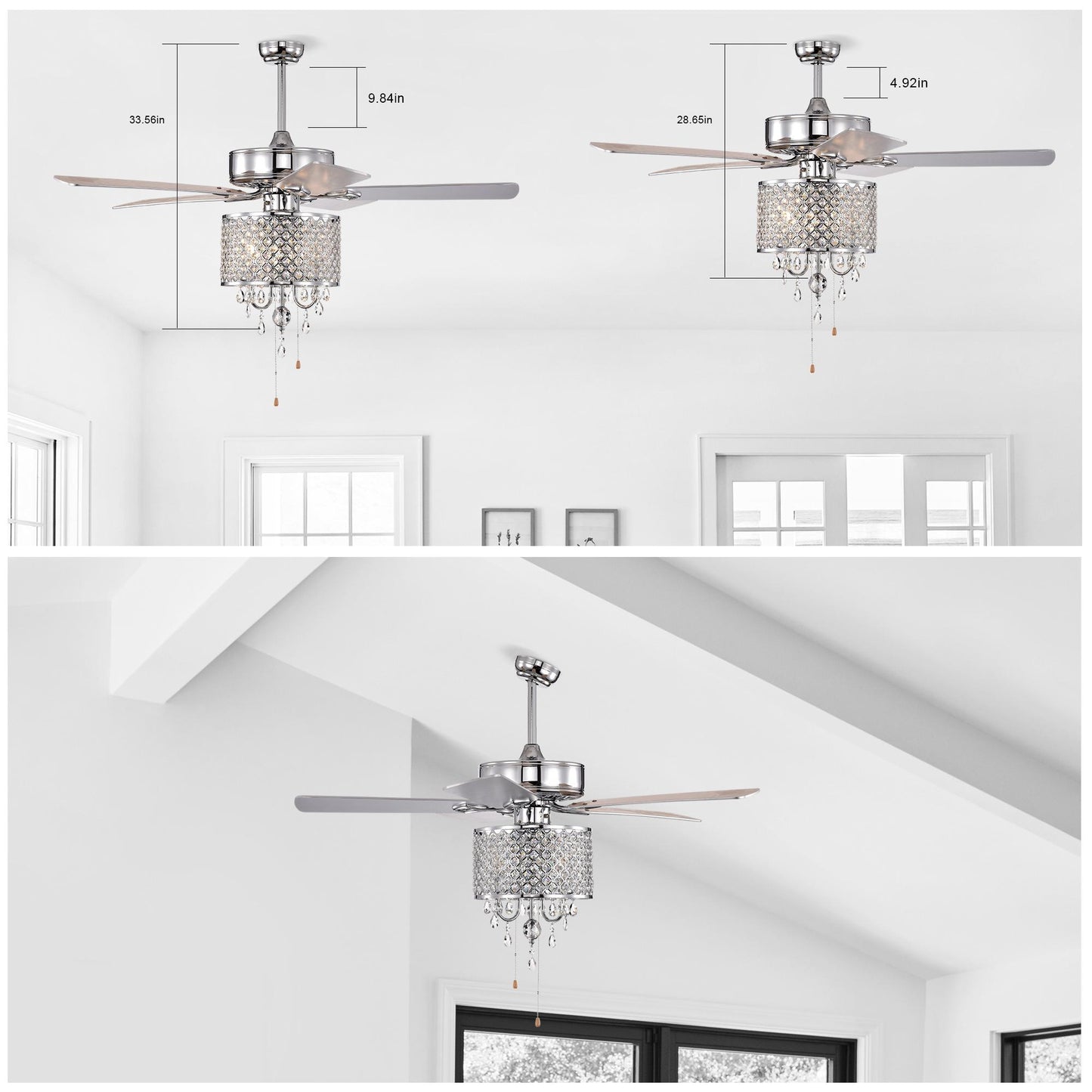 52'' Classical Crystal Ceiling Fan Lamp 3 Speed Hand Pull Chain (High, Mid, Low), 5 Reversible Blades for Living Room, Dining Room, Bedroom, Family Room, Chrome ,3PCS*E12 (NO Include Bulb )