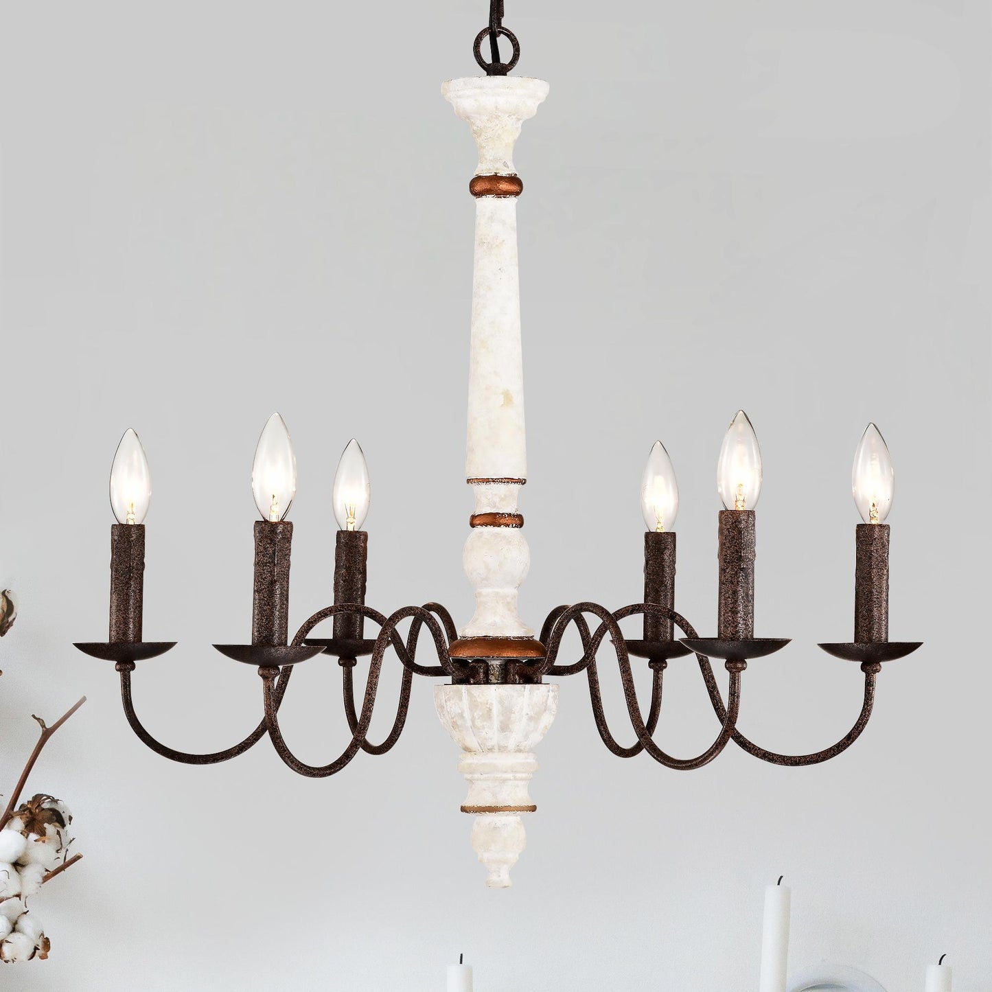 Retro white and Rust Color Chandelier With Light Fixture 6 Light (E12 NO include Bulb) Pendant Light Fixtures for Dining Room, Lobby, Kitchen, Bedroom, Living Room, Conference Room, Home Office