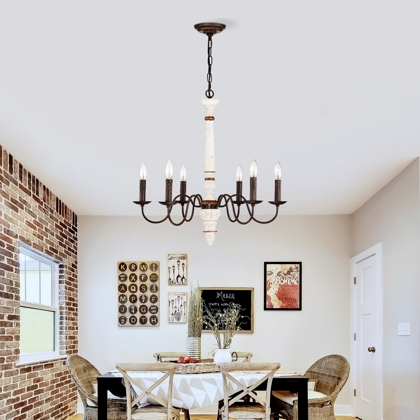 Retro white and Rust Color Chandelier With Light Fixture 6 Light (E12 NO include Bulb) Pendant Light Fixtures for Dining Room, Lobby, Kitchen, Bedroom, Living Room, Conference Room, Home Office