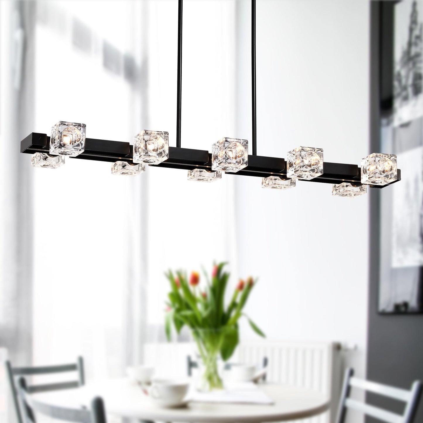 Rectangle Chandelier for Dining Room, 10-Light Black Farmhouse Linear Pendant Light Fixture, Modern Crystal Hanging Lighting Chandelier for Lobby, Kitchen, Bedroom, Living Room, Conference Room, Home