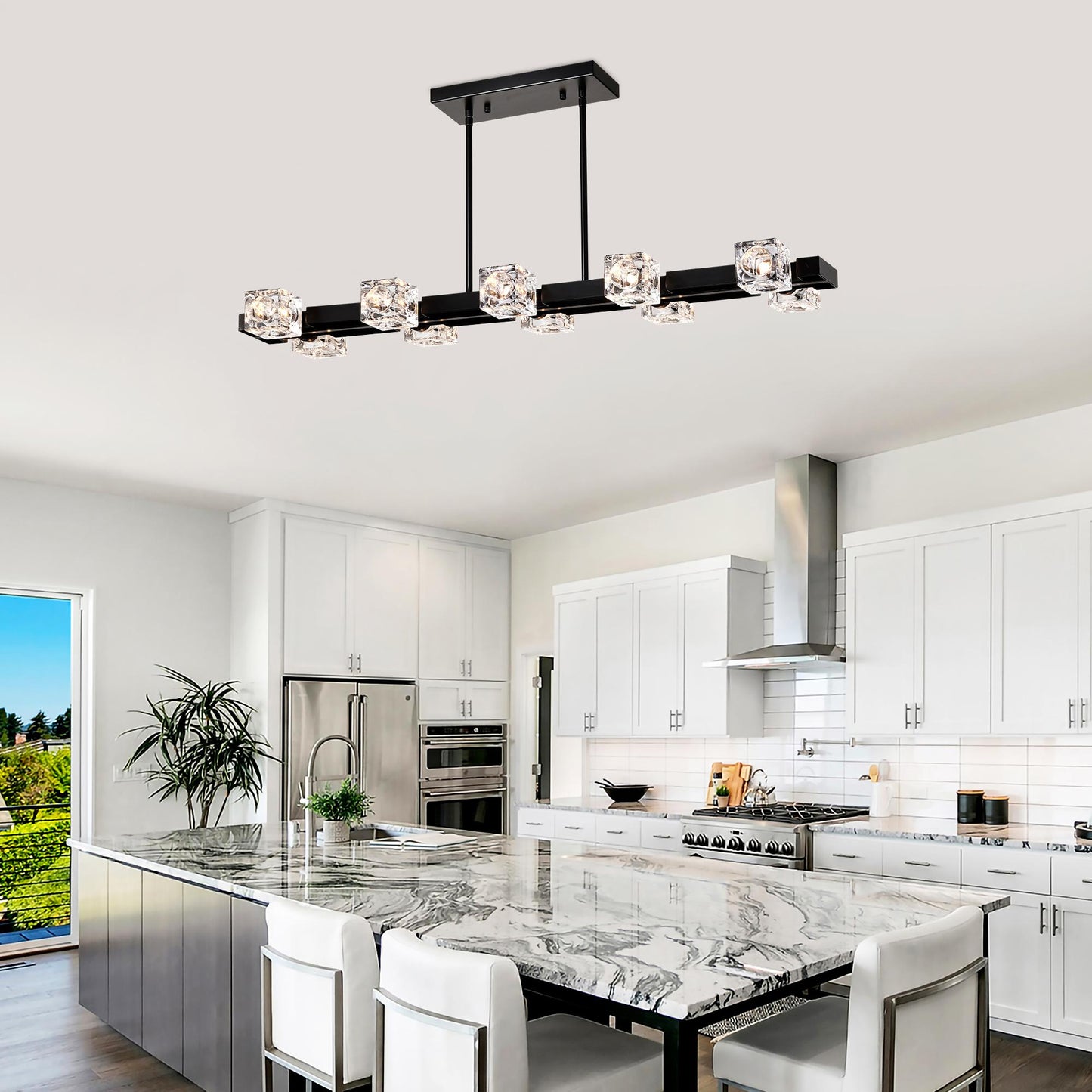 Rectangle Chandelier for Dining Room, 10-Light Black Farmhouse Linear Pendant Light Fixture, Modern Crystal Hanging Lighting Chandelier for Lobby, Kitchen, Bedroom, Living Room, Conference Room, Home