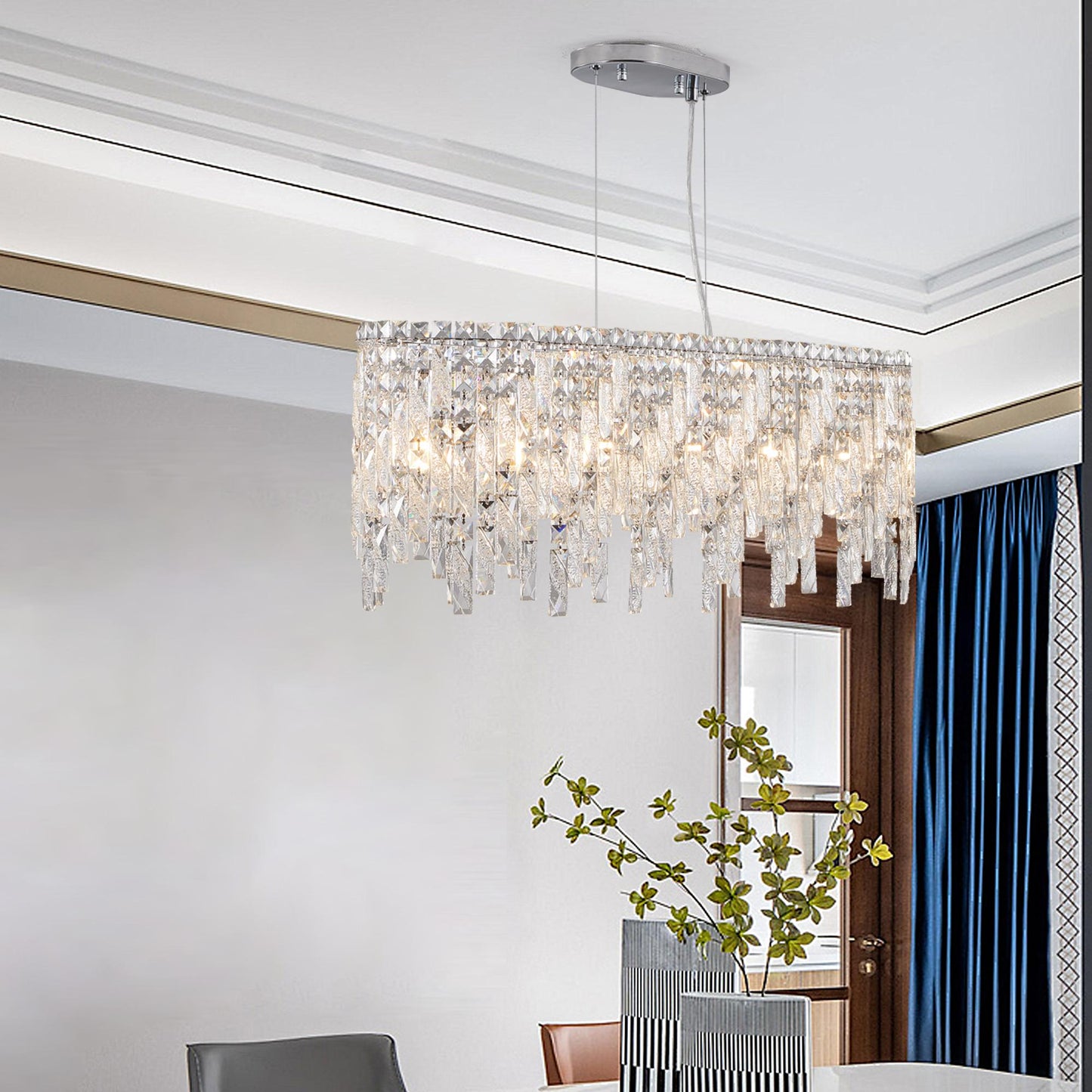 35" Chrome Elegant Oval Crystal Chandelier, Modern Ceiling Light Fixture with Reflective Hanging Crystals for Dining Room, Living Room, and Foyer (Bulbs Not Included)