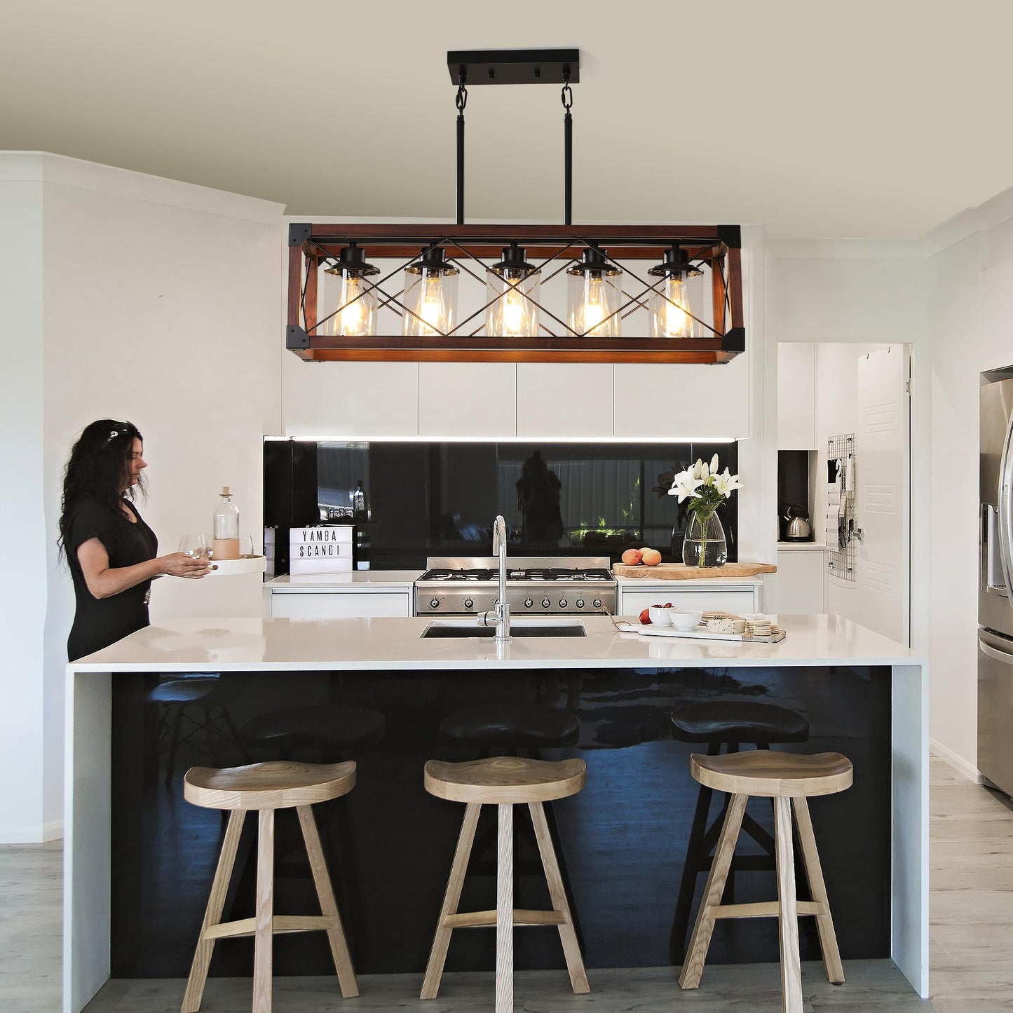 5-Light Retro Farmhouse Chandelier For Kitchen, Living room, Dining room Red and Black(No Bulbs) NEW SKU:W1340P206646