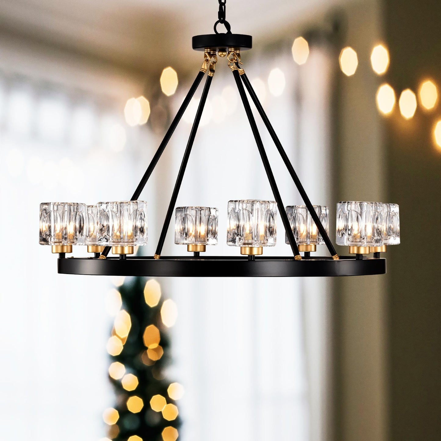 Matte Black + Gold Wagon Wheel Chandelier Farmhouse Modern Small Crystal Round Chandelier for Living Room Kitchen Island Foyer Hallway Entryway Bedroom Rustic Dining Room Light Fixture Ceiling Hanging