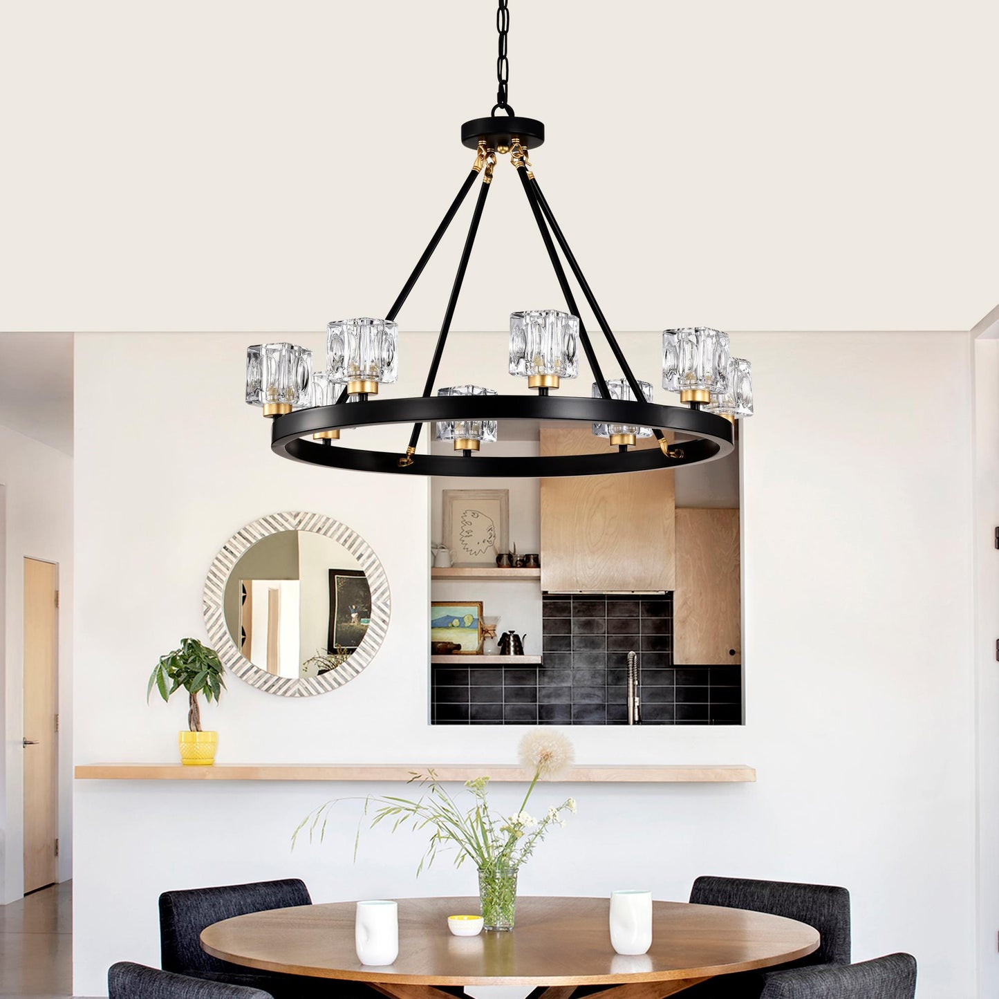 Matte Black + Gold Wagon Wheel Chandelier Farmhouse Modern Small Crystal Round Chandelier for Living Room Kitchen Island Foyer Hallway Entryway Bedroom Rustic Dining Room Light Fixture Ceiling Hanging