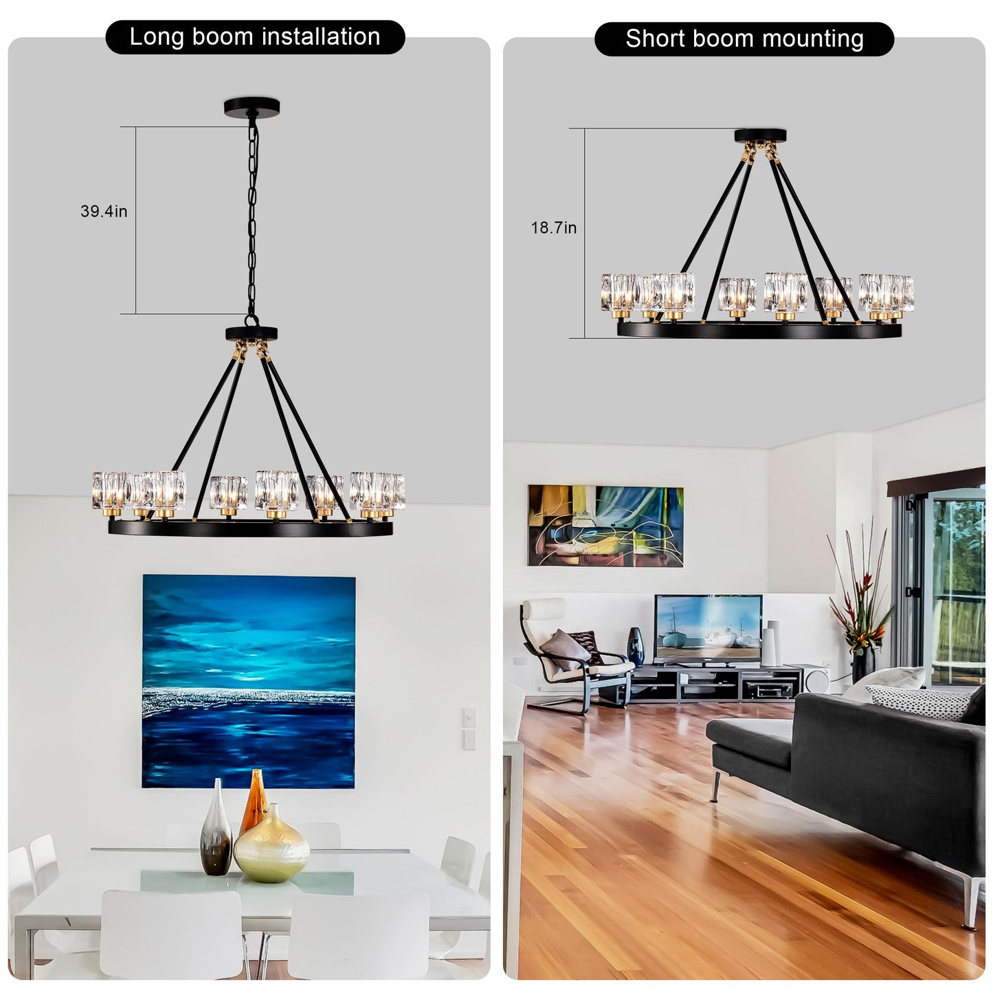 Matte Black + Gold Wagon Wheel Chandelier Farmhouse Modern Small Crystal Round Chandelier for Living Room Kitchen Island Foyer Hallway Entryway Bedroom Rustic Dining Room Light Fixture Ceiling Hanging