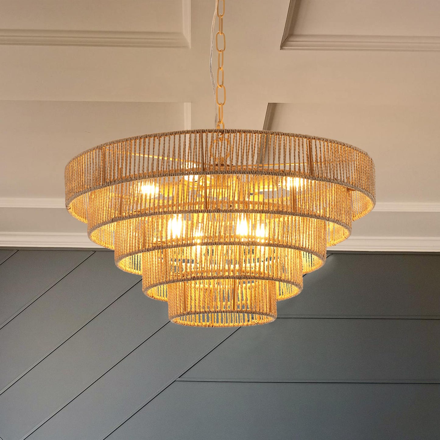 Bohemian style Woven Pendant Light 23.6 Inch Rattan Ligh Large Rattan Pendant Light with 5-Tier Rattan Chandelier--Wood NEW SKU:W1340P206666