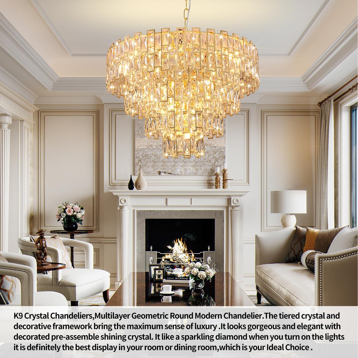 Gold Luxury Crystal Chandelier for Dining Room, 32-Inch Modern Ceiling Light, French Empire Style with Premium K9 Crystals, Elegant Gold Finish, Perfect for Living Room or Bedroom, 21-Light Fixture