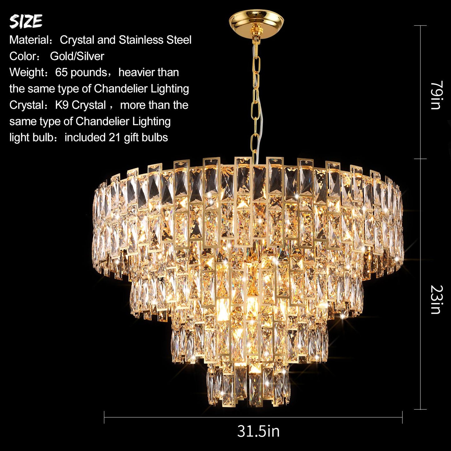 Gold Luxury Crystal Chandelier for Dining Room, 32-Inch Modern Ceiling Light, French Empire Style with Premium K9 Crystals, Elegant Gold Finish, Perfect for Living Room or Bedroom, 21-Light Fixture